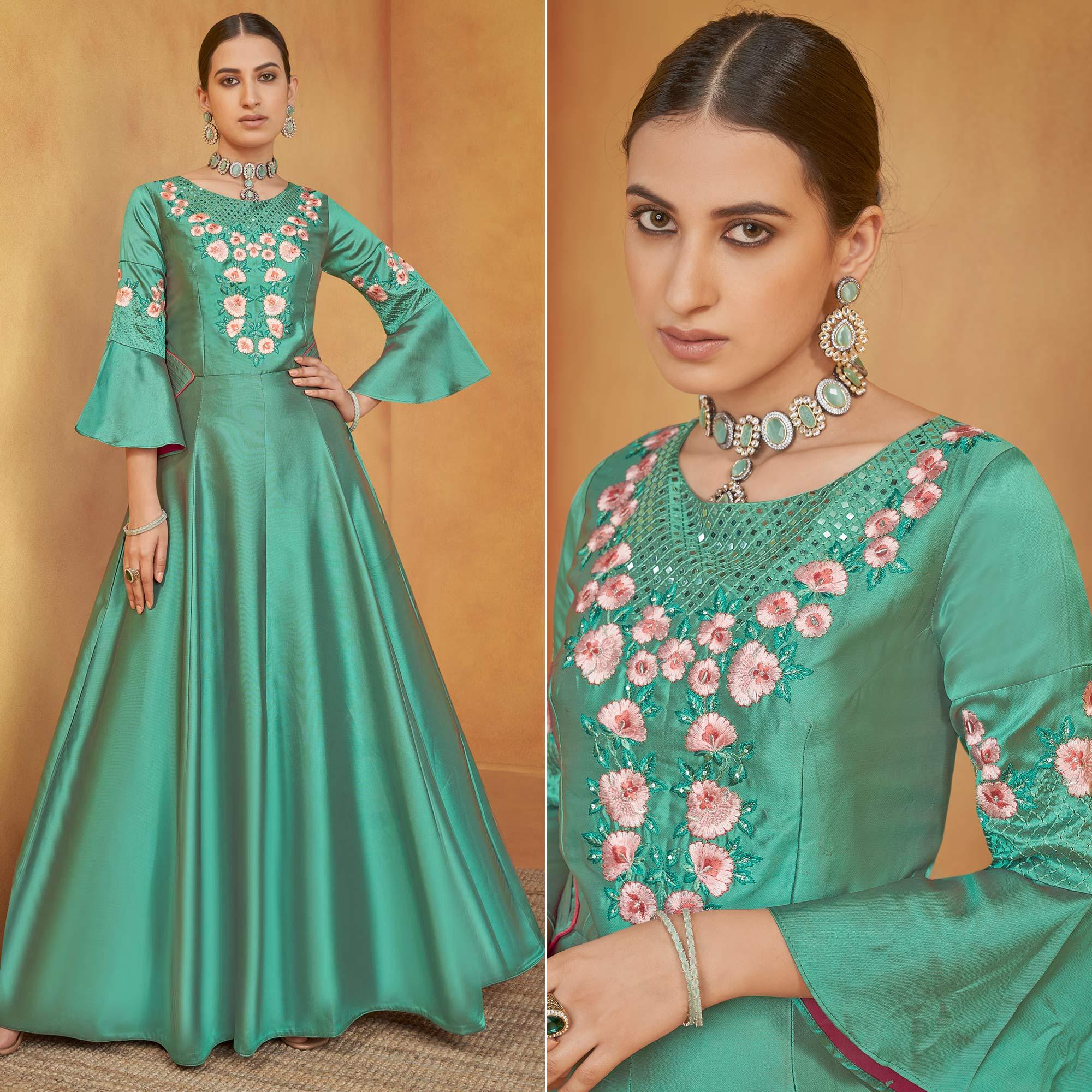 Aqua Green Party Wear Embroidered Tapetta Gown - Peachmode