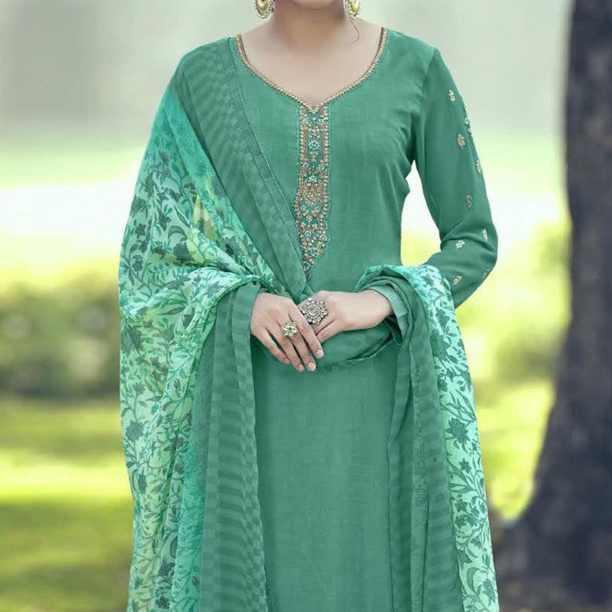 Aqua Green Partywear Embroidered Royal French Crepe Patiala Suit - Peachmode
