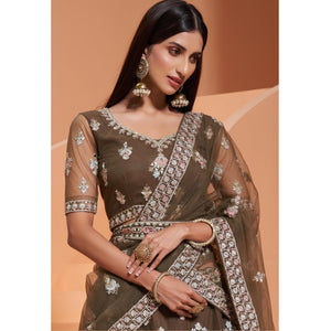 Army Green Partywear Floral Embroidered Embellished Net Lehenga Choli - Peachmode