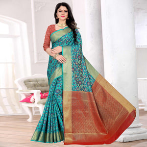 Arresting Aqua Blue Colored Festive Wear Woven Chanderi Silk Saree - Peachmode