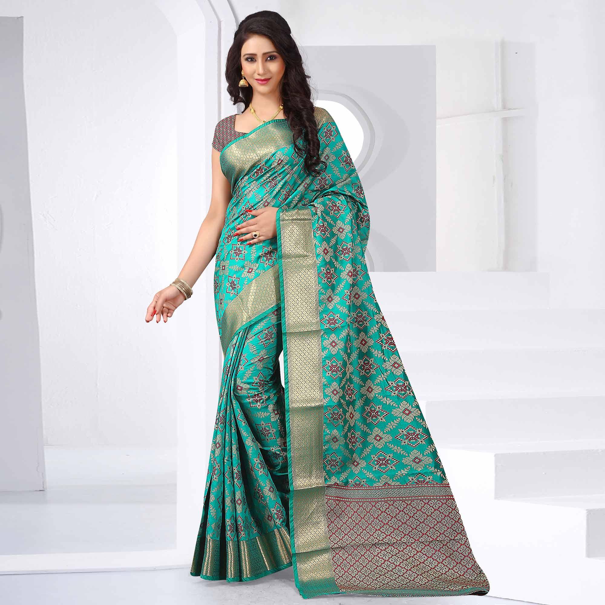 Arresting Aqua Blue Colored Festive Wear Woven Silk Saree - Peachmode