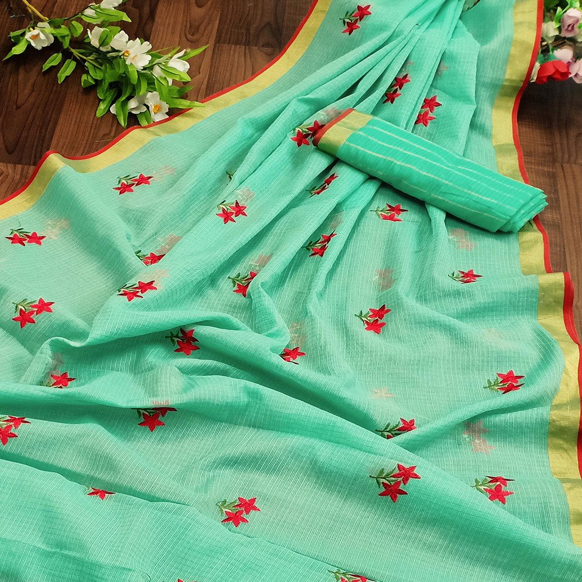 Arresting Aqua Green Colored Festive Wear Woven Silk Saree - Peachmode