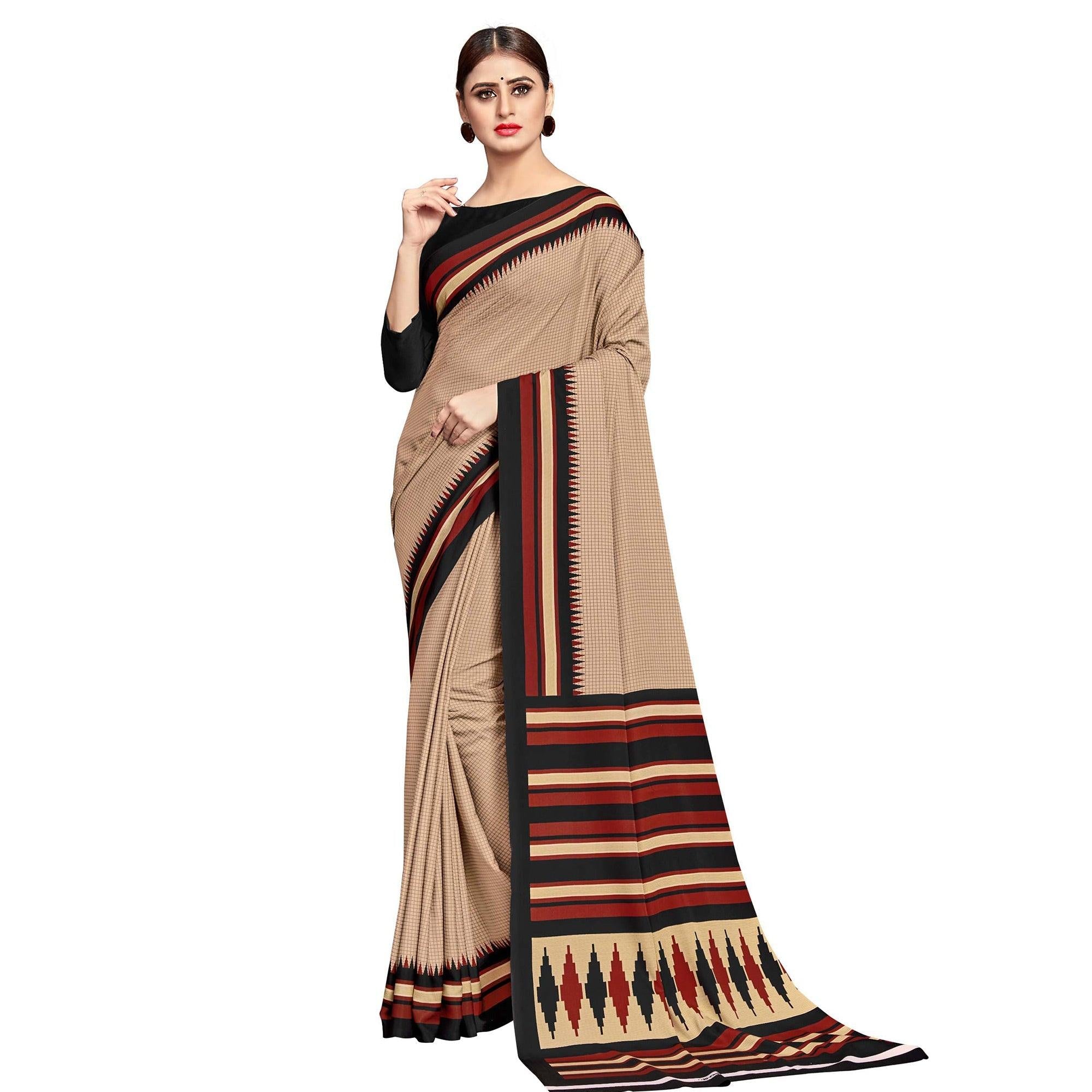 Arresting Beige Colored Casual Wear Printed Crepe Saree - Peachmode