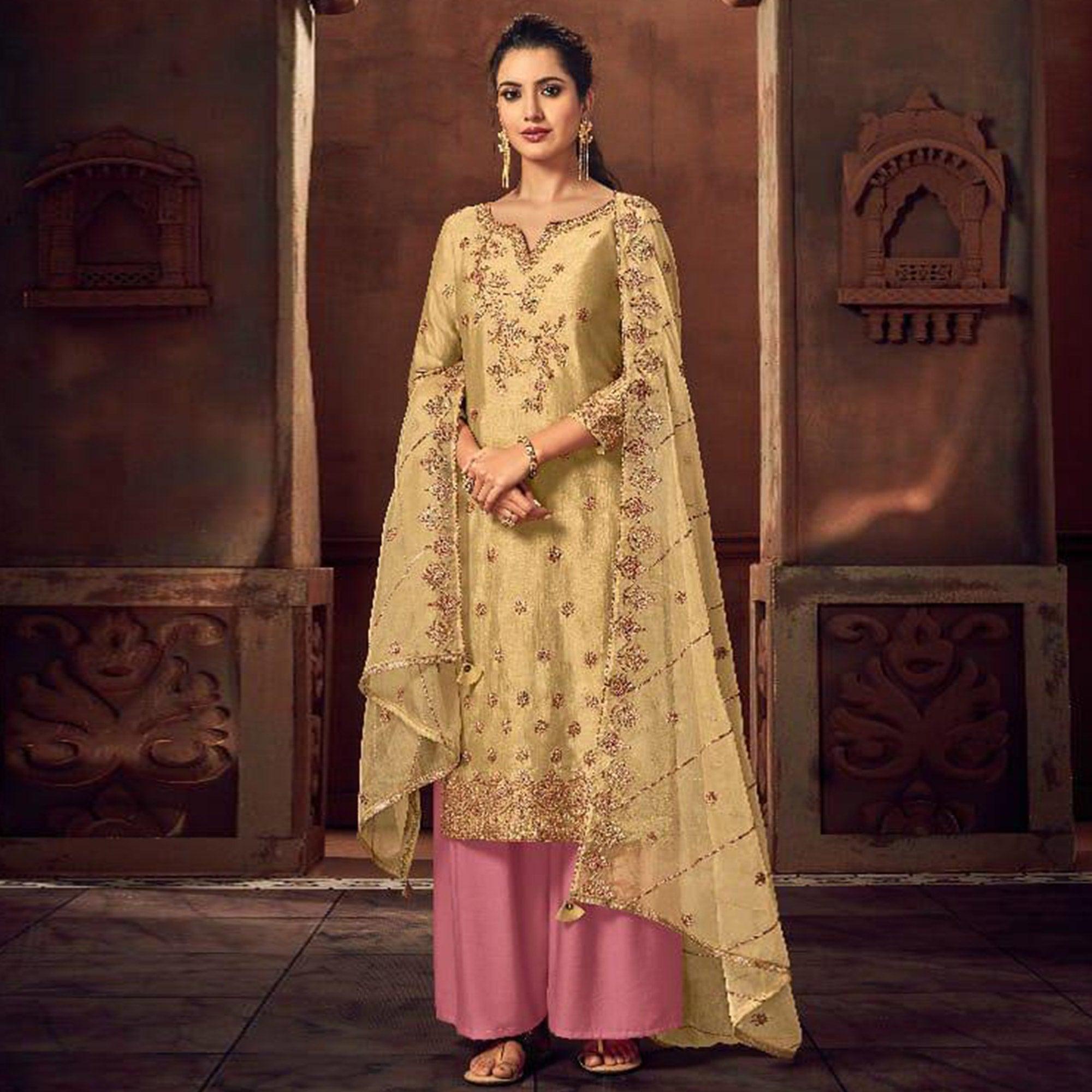 Arresting Beige Colored Party Wear Embroidered Silk Palazzo Suit - Peachmode