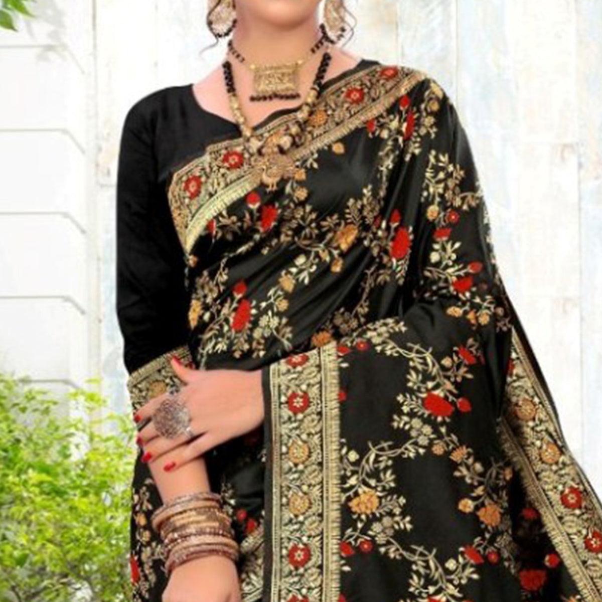 Arresting Black Colored Festive Wear Woven Lichi Silk Saree - Peachmode