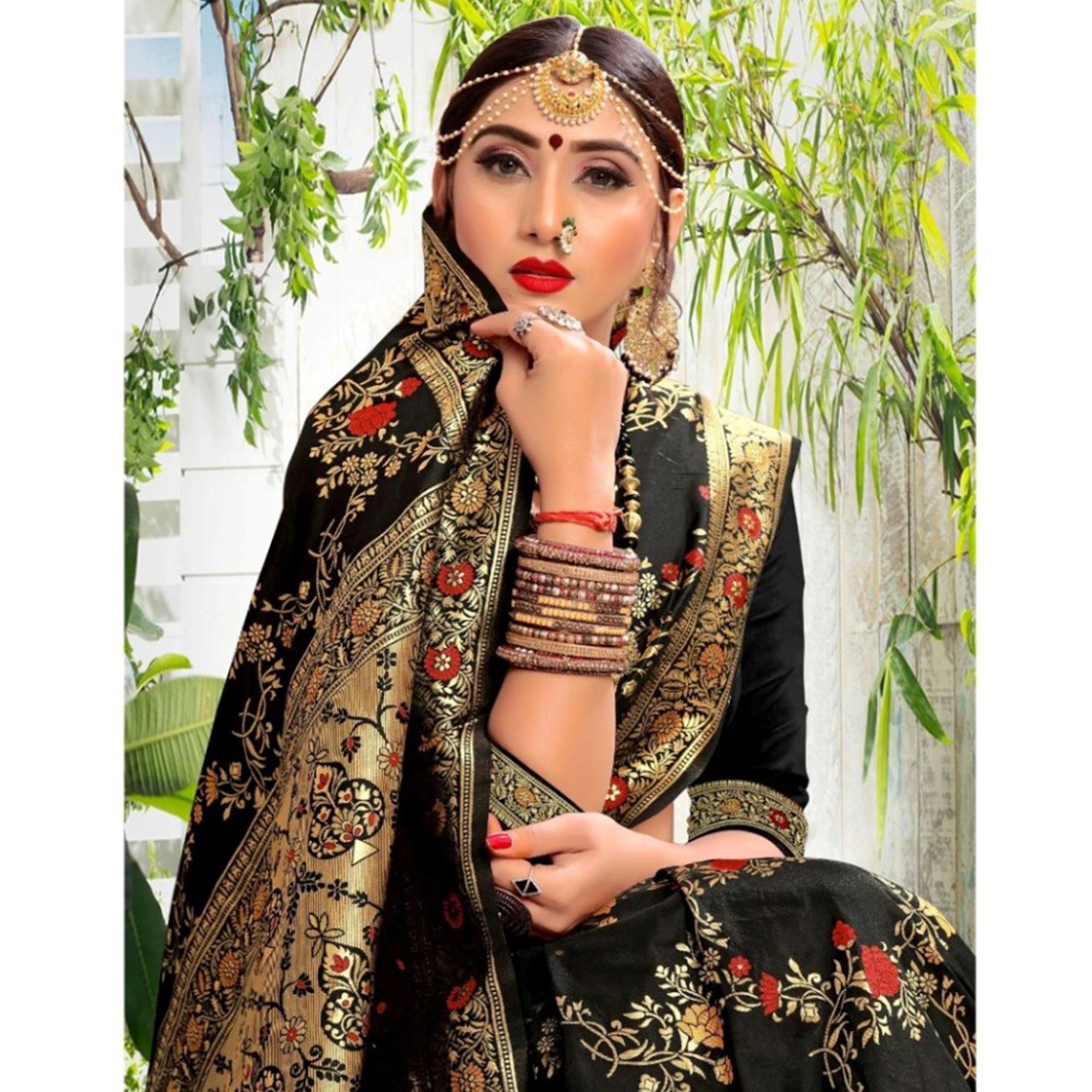 Arresting Black Colored Festive Wear Woven Lichi Silk Saree - Peachmode