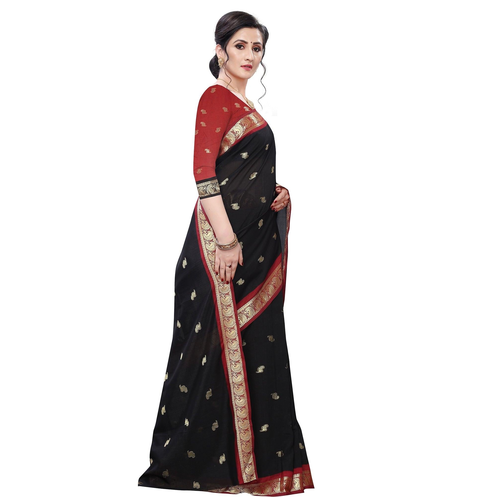 Arresting Black Colored Festive Wear Woven Vichitra Silk Saree - Peachmode