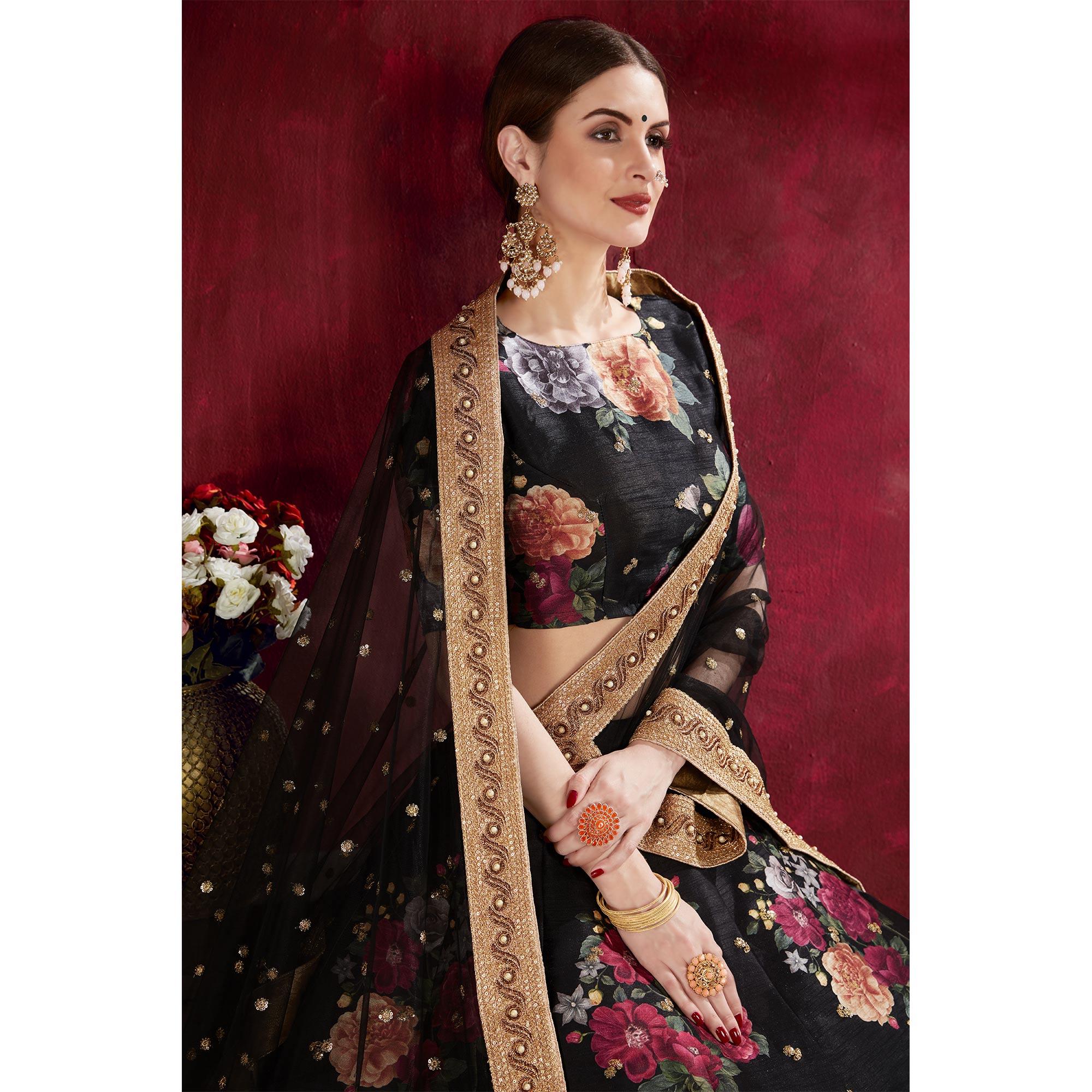 Arresting Black Colored Partywear Designer Embroidered Art Silk Lehenga Choli - Peachmode