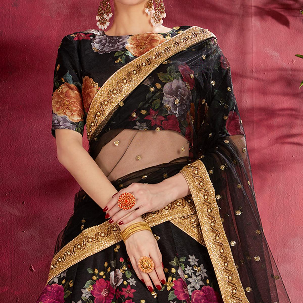 Arresting Black Colored Partywear Designer Embroidered Art Silk Lehenga Choli - Peachmode