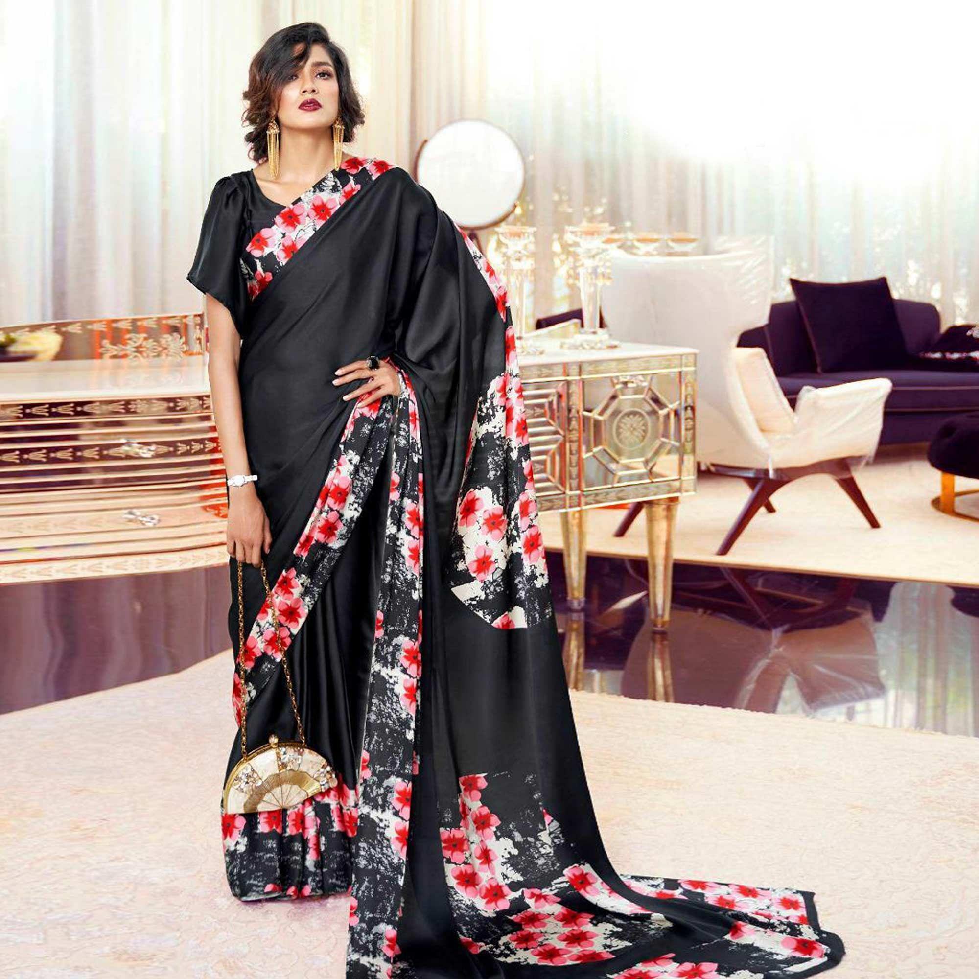 Arresting Black-Red Colored Partywear Fancy Printed Japan Satin-Crepe Saree - Peachmode