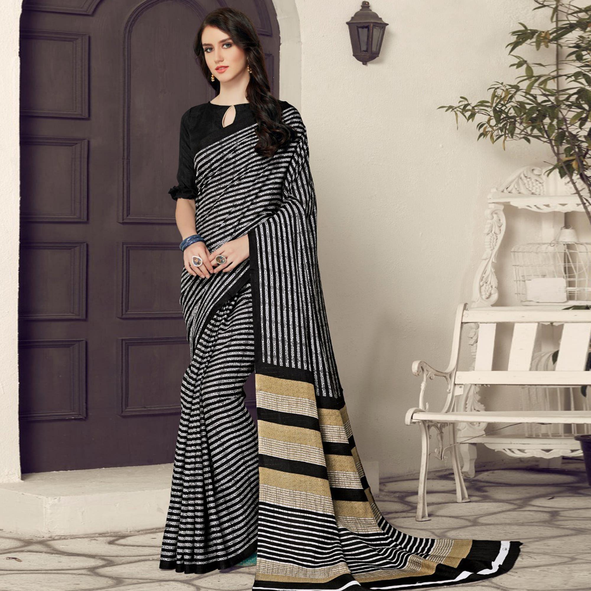 Arresting Black-White Colored Casual Printed Bhagalpuri Silk Saree - Peachmode