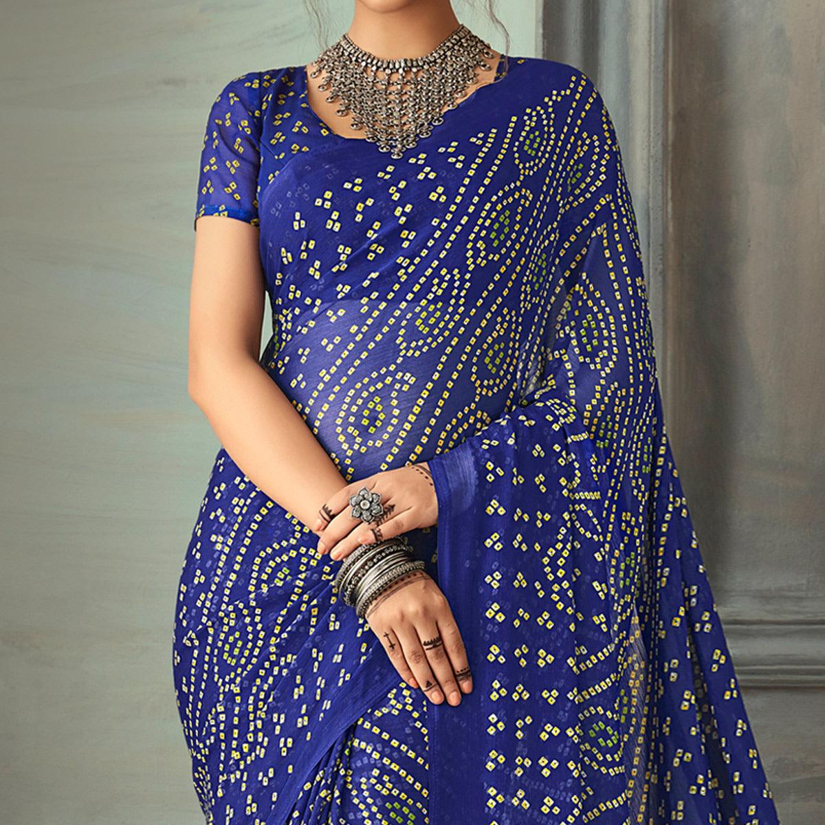 Arresting Blue Colored Casual Wear Bandhani Printed Chiffon Saree - Peachmode