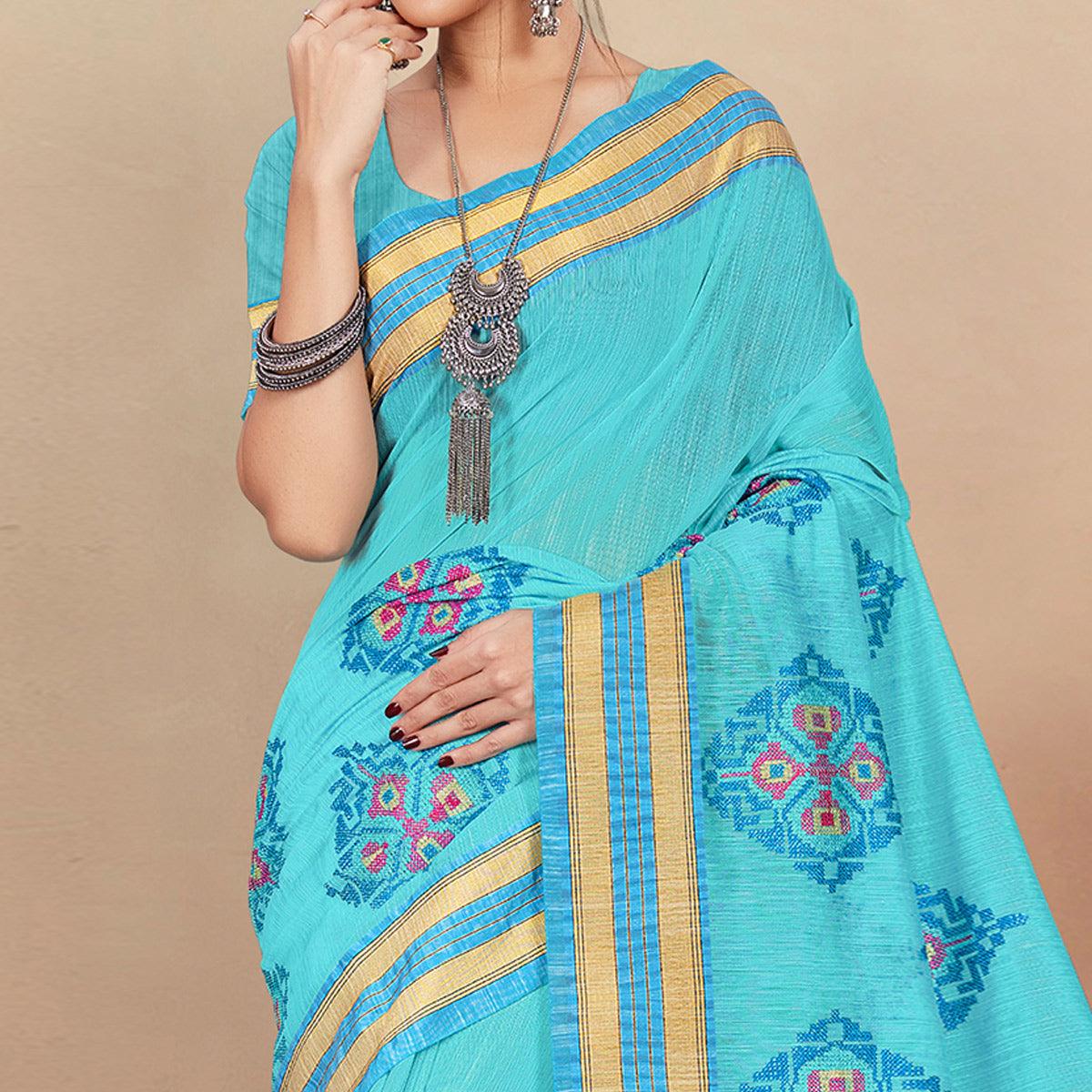 Arresting Blue Colored Casual Wear Floral Printed Cotton Saree - Peachmode