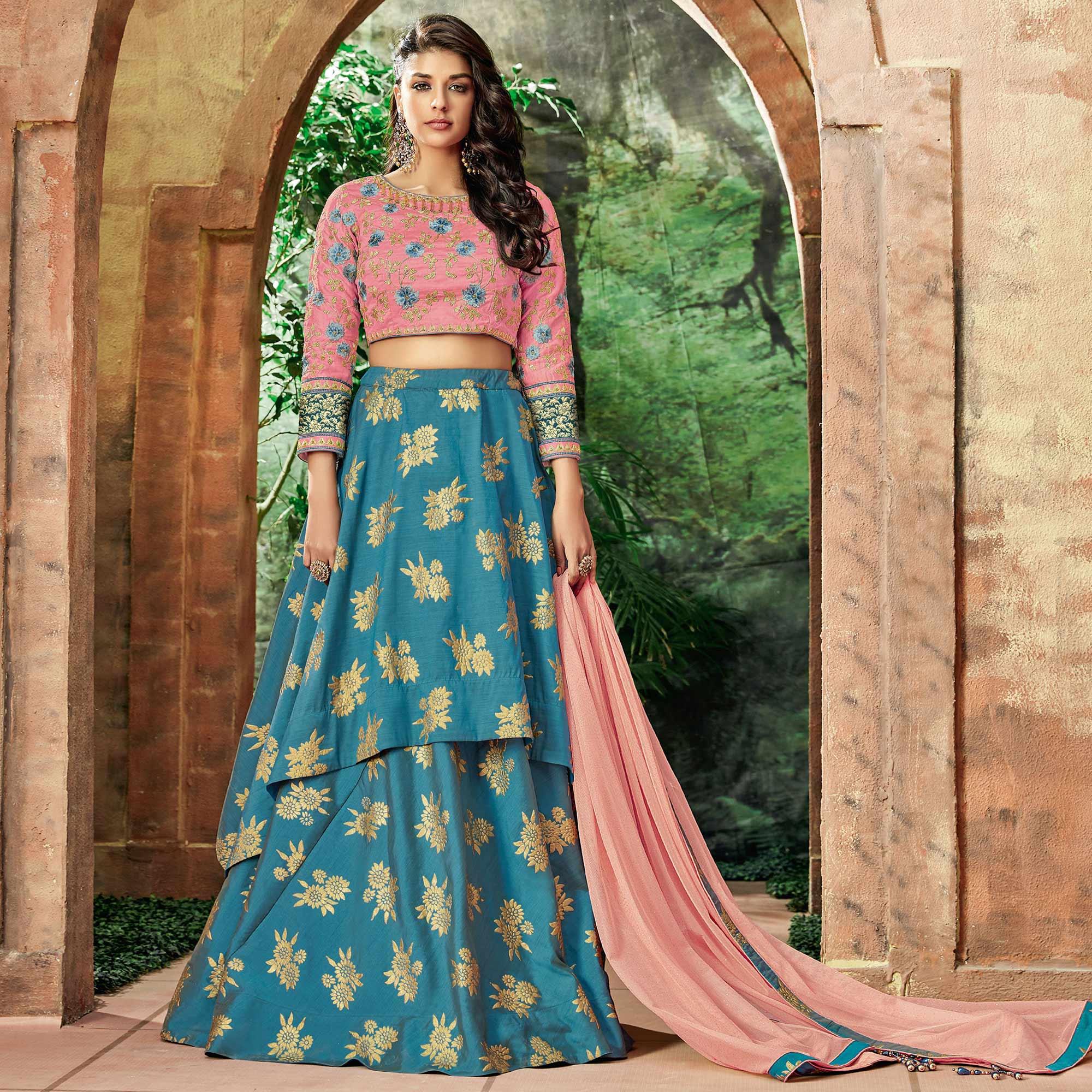 Arresting Blue Colored Partywear Embroidered Silk Lehenga Choli - Peachmode
