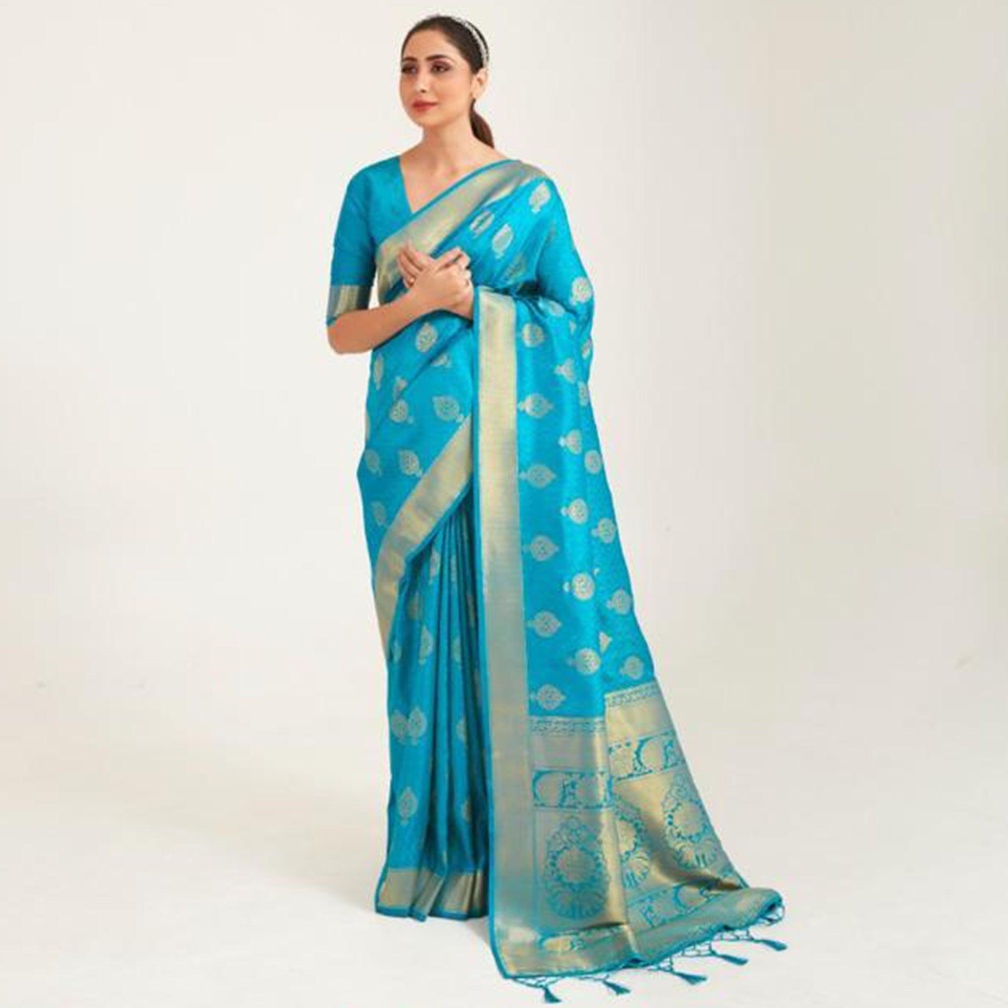 Arresting Blue Coloured Festive Wear Handloom Woven Silk Saree - Peachmode