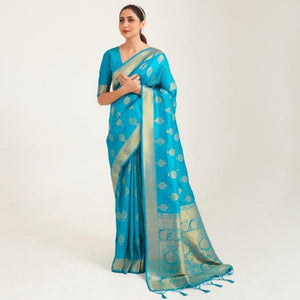 Arresting Blue Coloured Festive Wear Handloom Woven Silk Saree - Peachmode