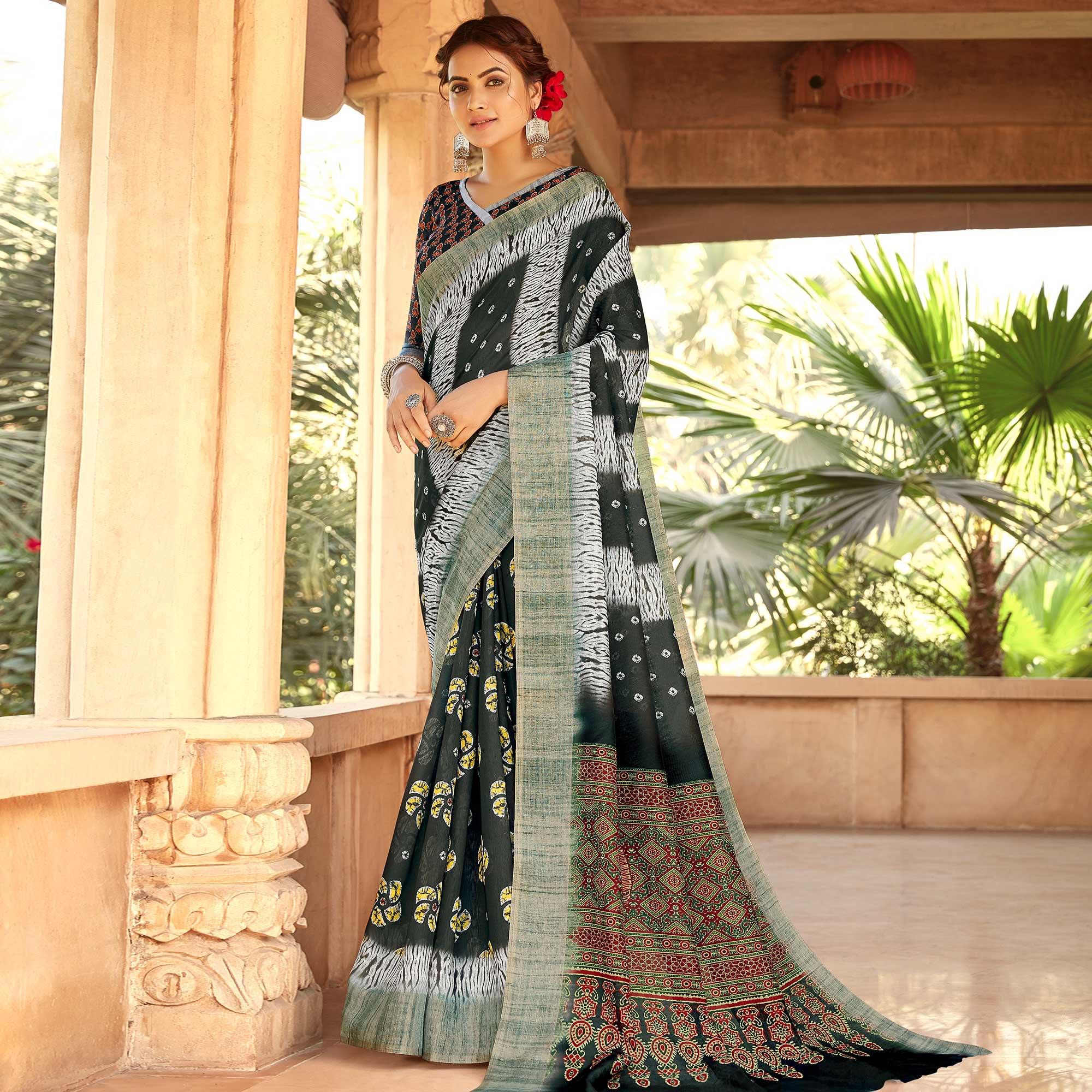 Arresting Bottle Green Colored Digital Printed Festive Wear Linen Designer Saree - Peachmode