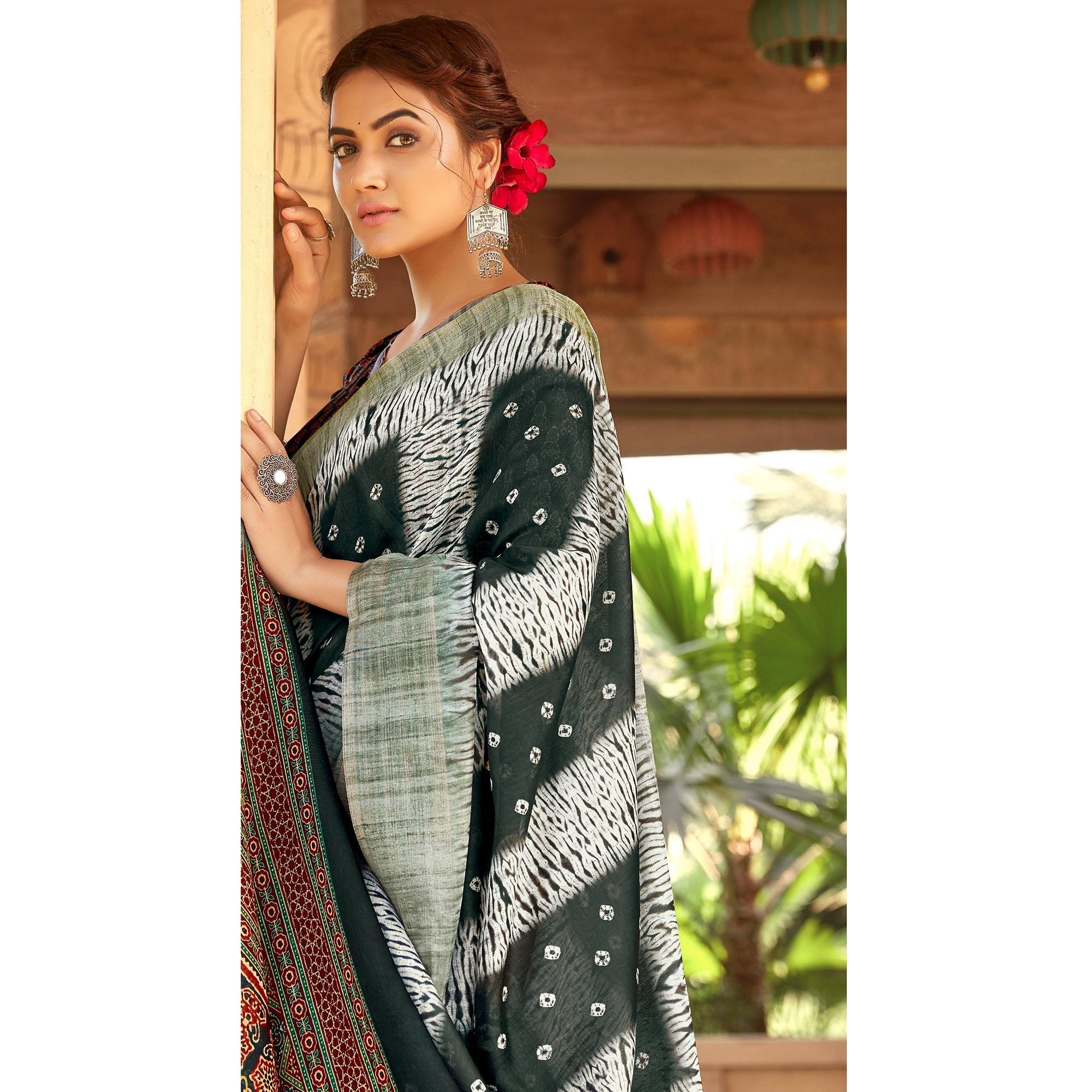 Arresting Bottle Green Colored Digital Printed Festive Wear Linen Designer Saree - Peachmode