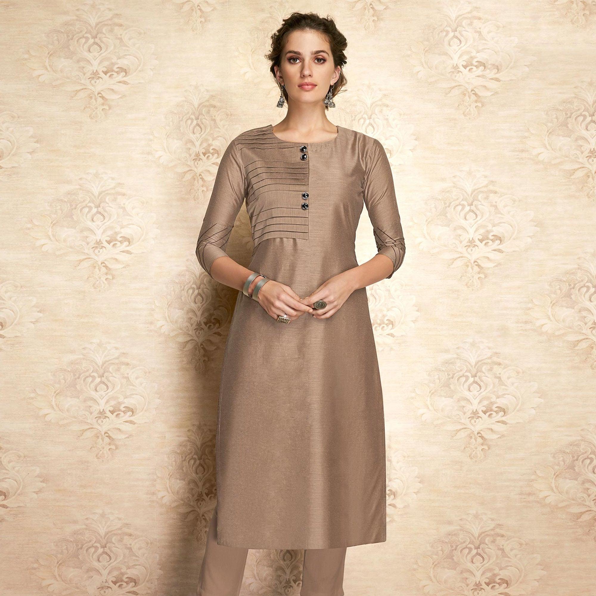 Arresting Brown Colored Partywear Embroidered Viscose Kurti - Peachmode