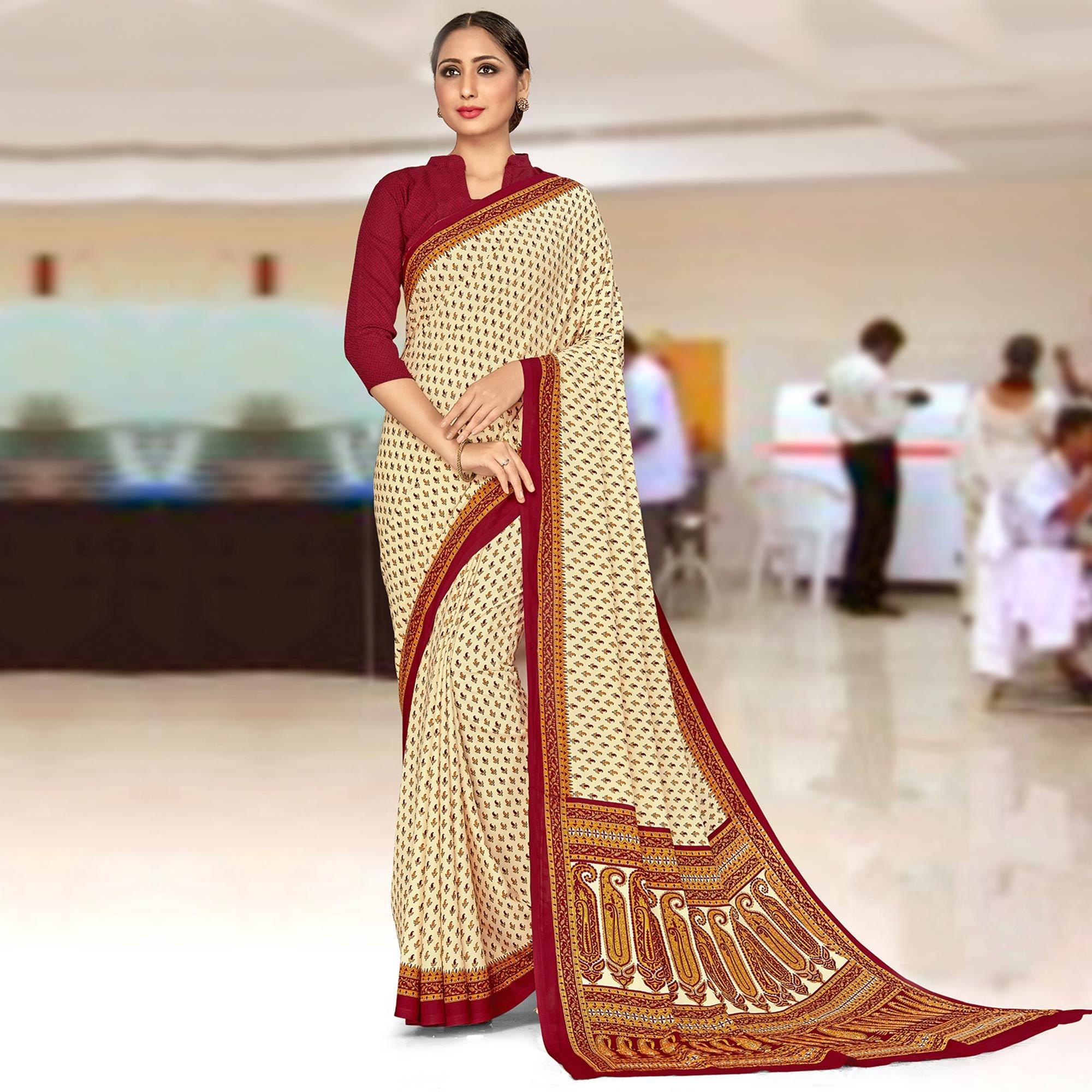 Arresting Cream Coloured Casual Wear Printed Crepe Saree - Peachmode