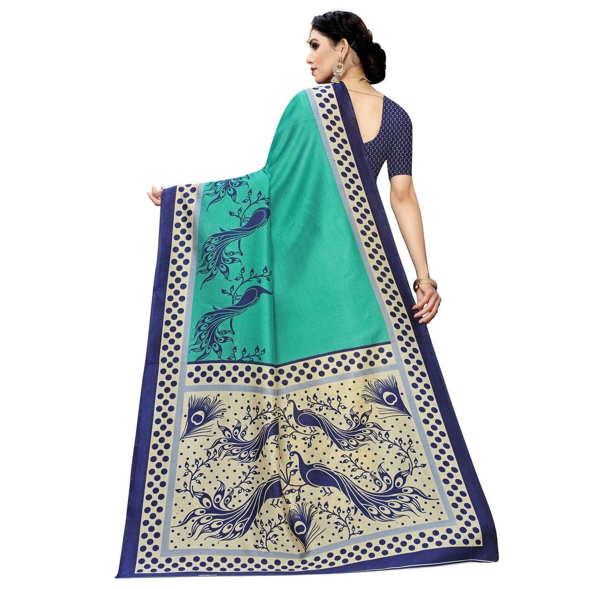 Arresting Cream-Green Colored Casual Printed Art Silk Saree - Peachmode