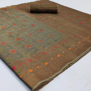 Arresting Dark Grey Colored Festive Wear Woven Cotton Saree - Peachmode