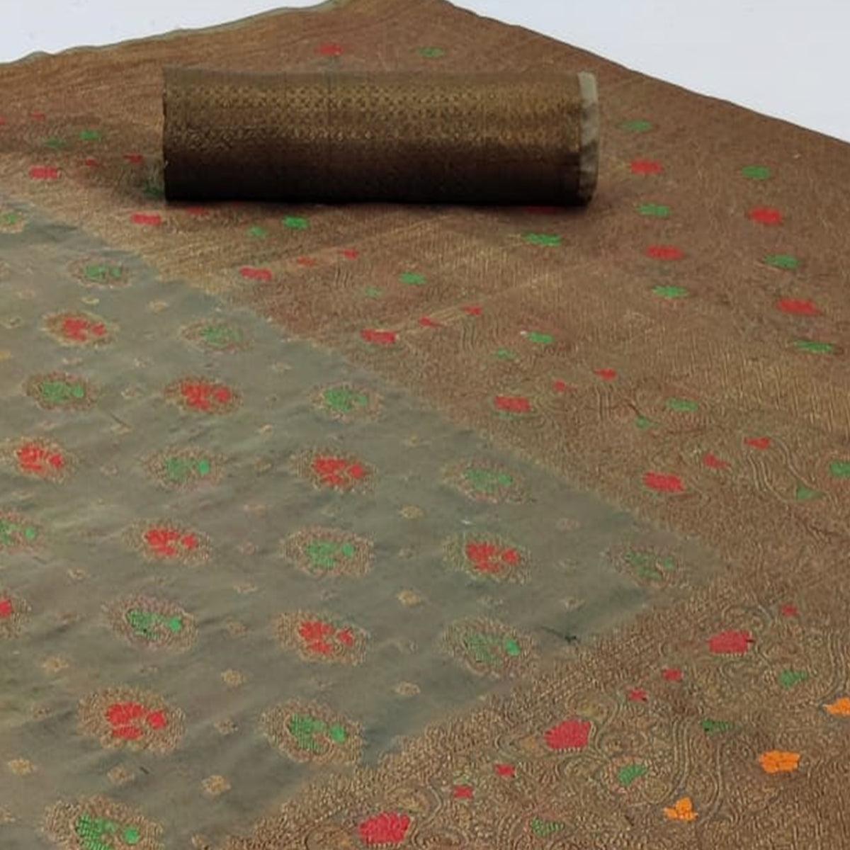 Arresting Dark Grey Colored Festive Wear Woven Cotton Saree - Peachmode