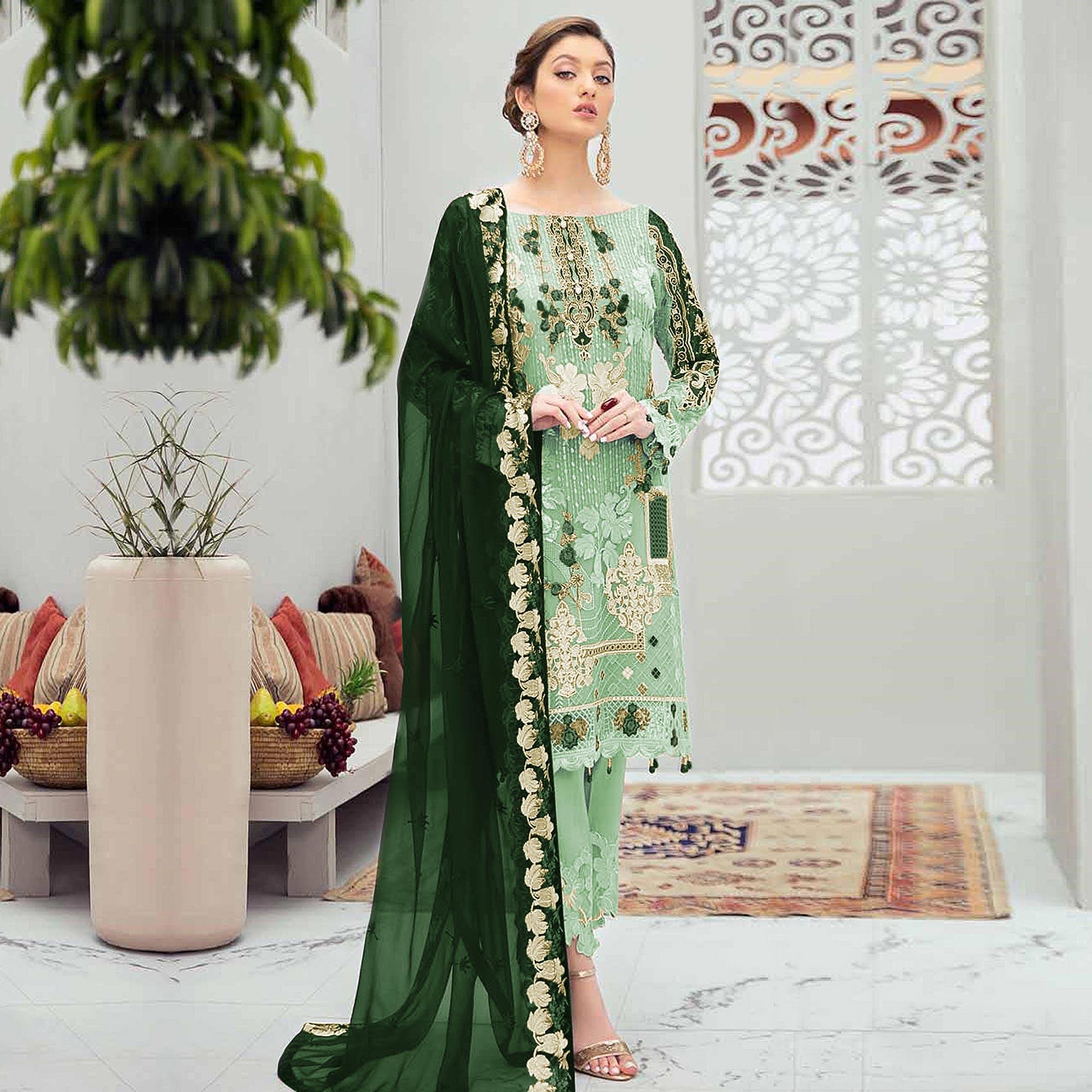 Arresting Green Colored Partywear Embroidered Net Straight Suit - Peachmode