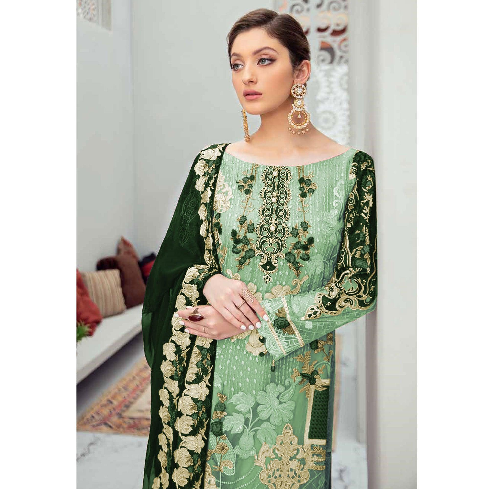 Arresting Green Colored Partywear Embroidered Net Straight Suit - Peachmode
