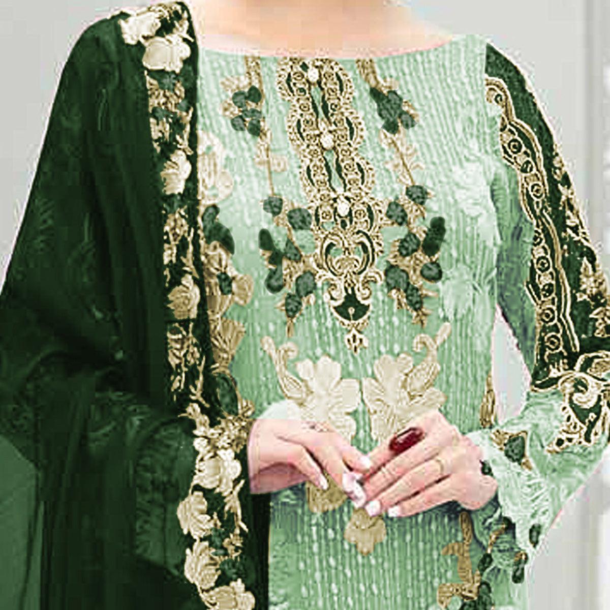 Arresting Green Colored Partywear Embroidered Net Straight Suit - Peachmode