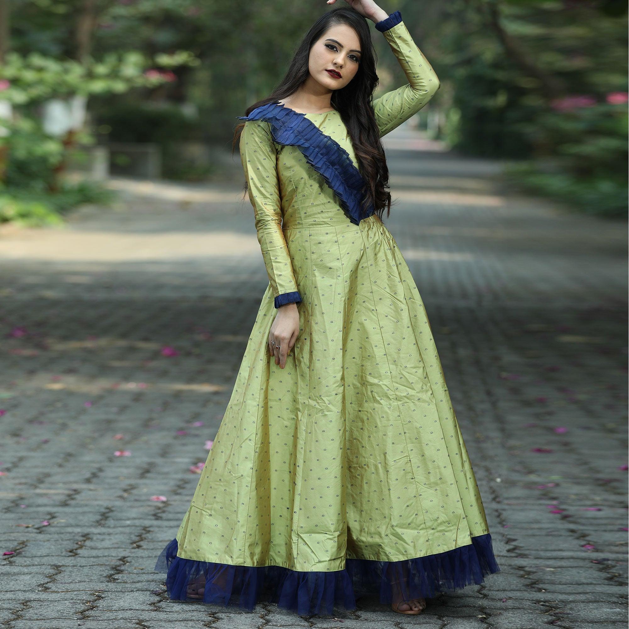 Arresting Green Colored Partywear Tapetta Gown - Peachmode