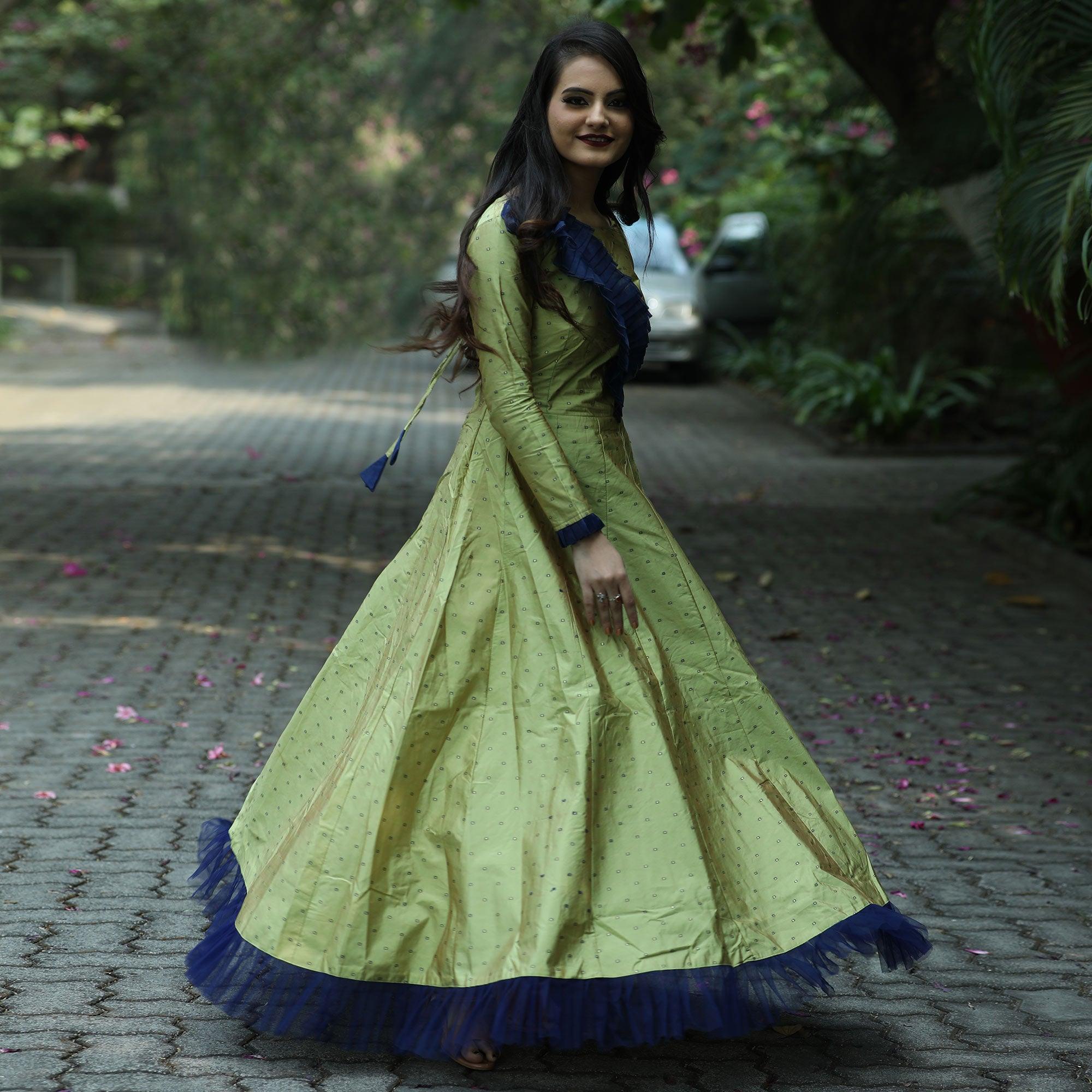 Arresting Green Colored Partywear Tapetta Gown - Peachmode