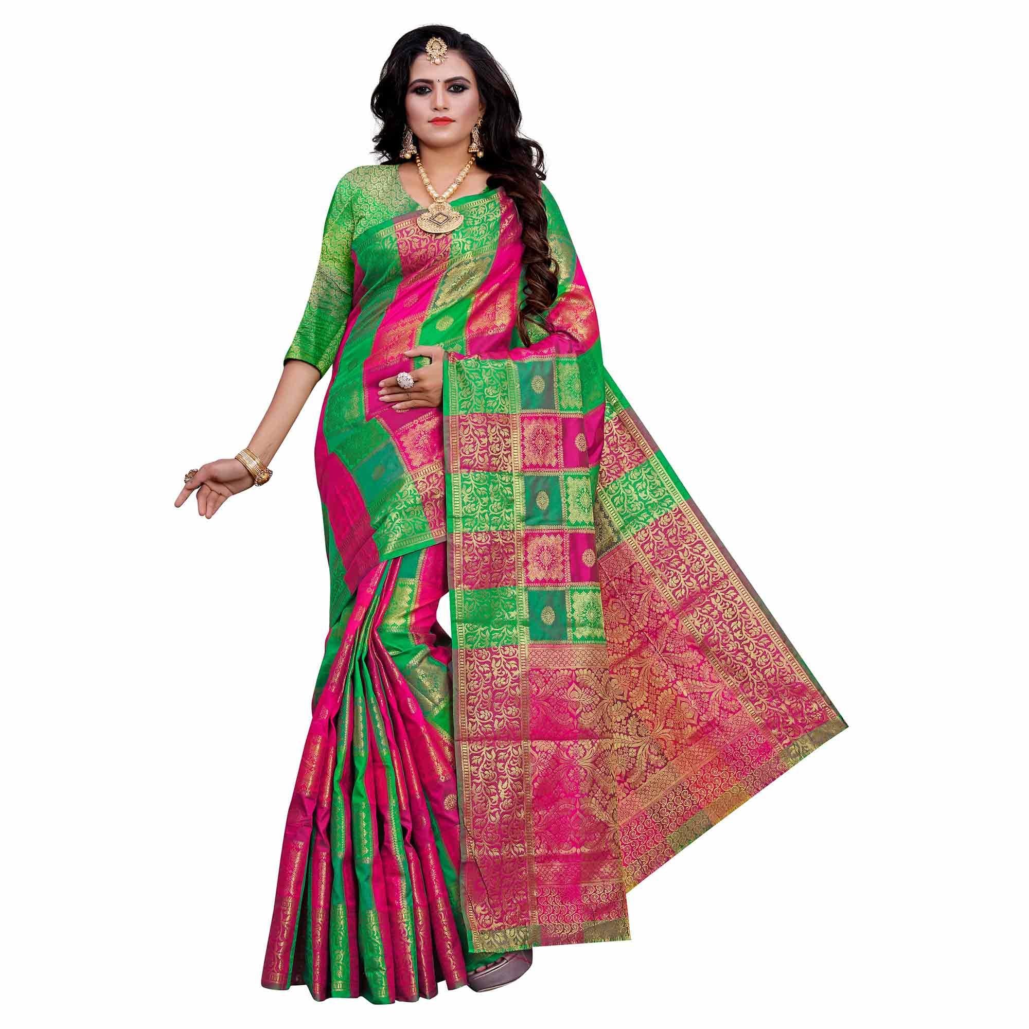 Arresting Green-Multi Colored Festive Wear Woven Work Art Silk Saree - Peachmode