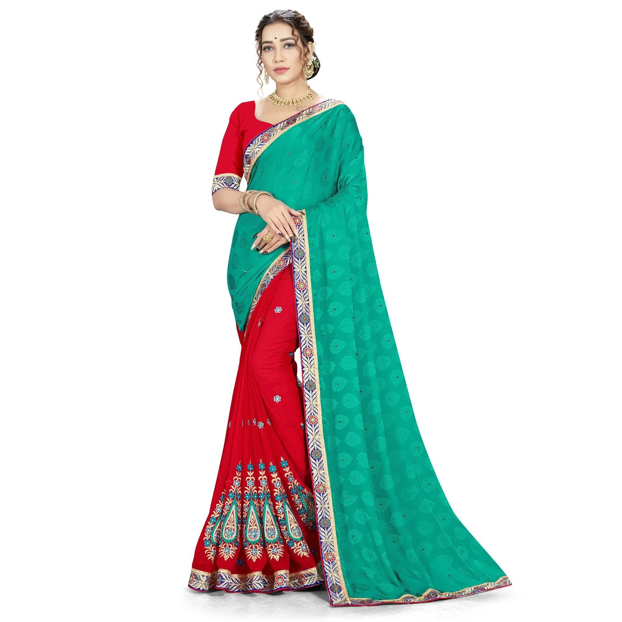 Arresting Green-Red Colored party Wear Embroidered Georgette Half-Half Saree - Peachmode
