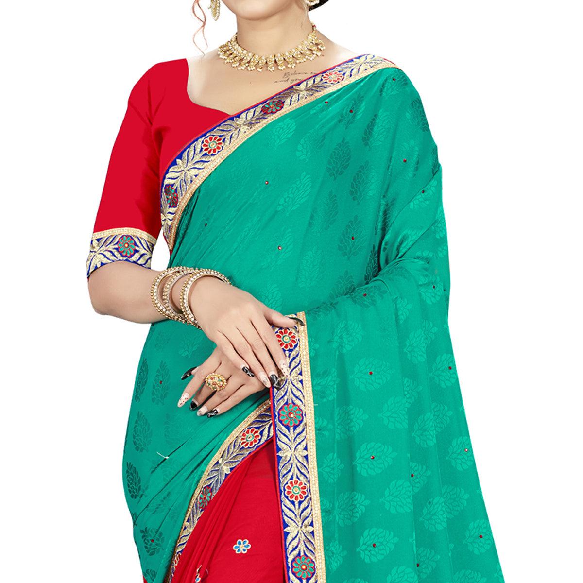 Arresting Green-Red Colored party Wear Embroidered Georgette Half-Half Saree - Peachmode