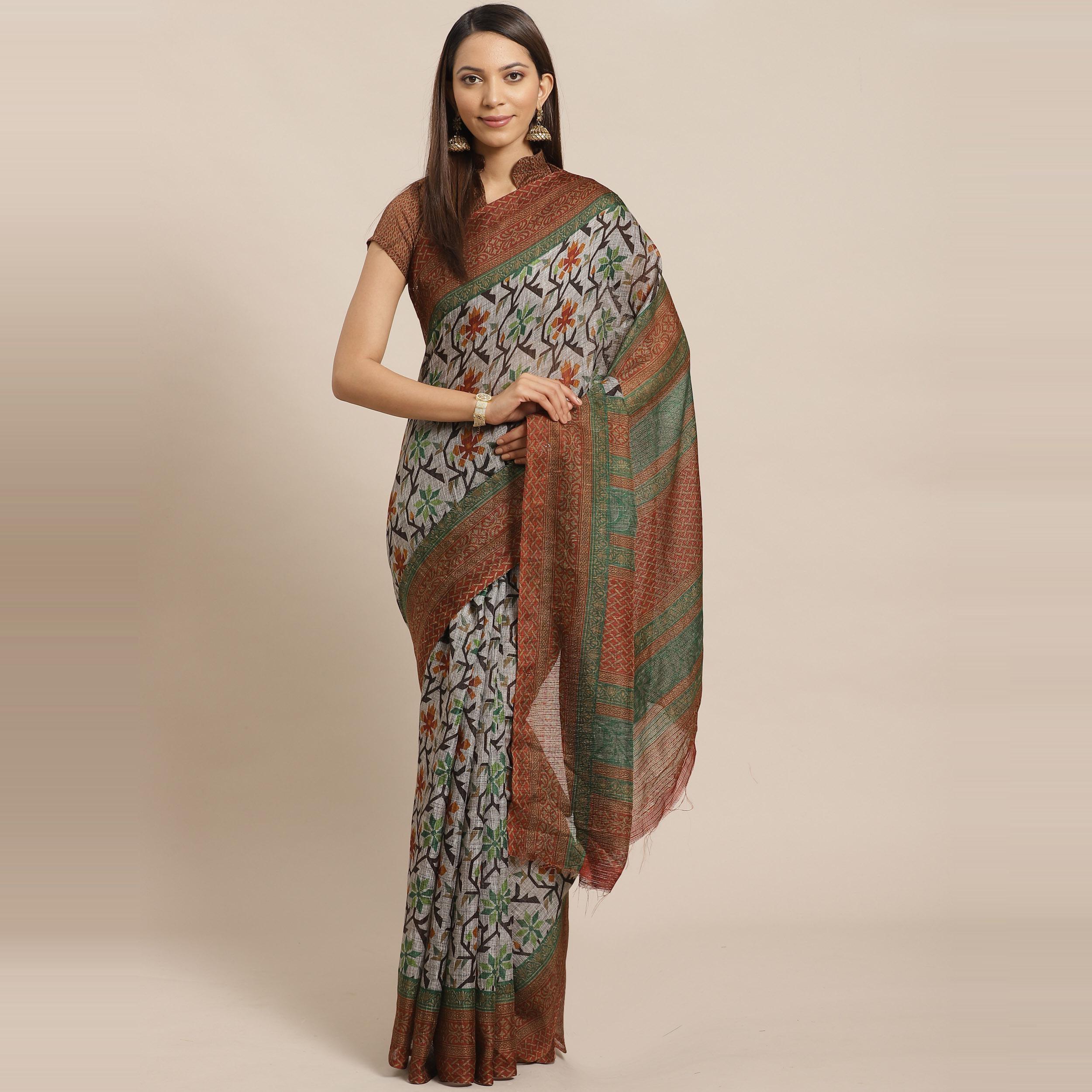Arresting Grey - Brown Colored Casual Wear Printed Silk blend Saree - Peachmode