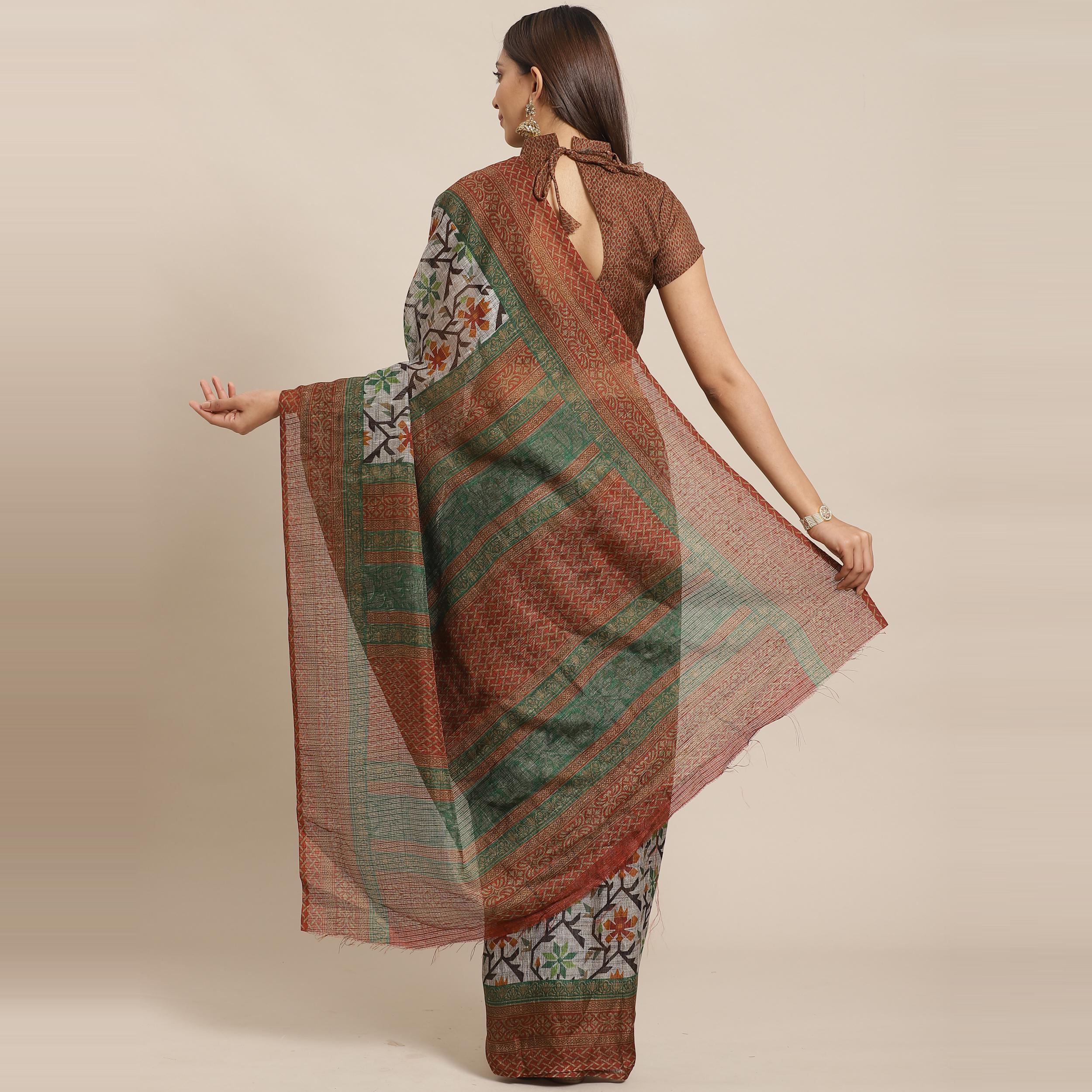 Arresting Grey - Brown Colored Casual Wear Printed Silk blend Saree - Peachmode