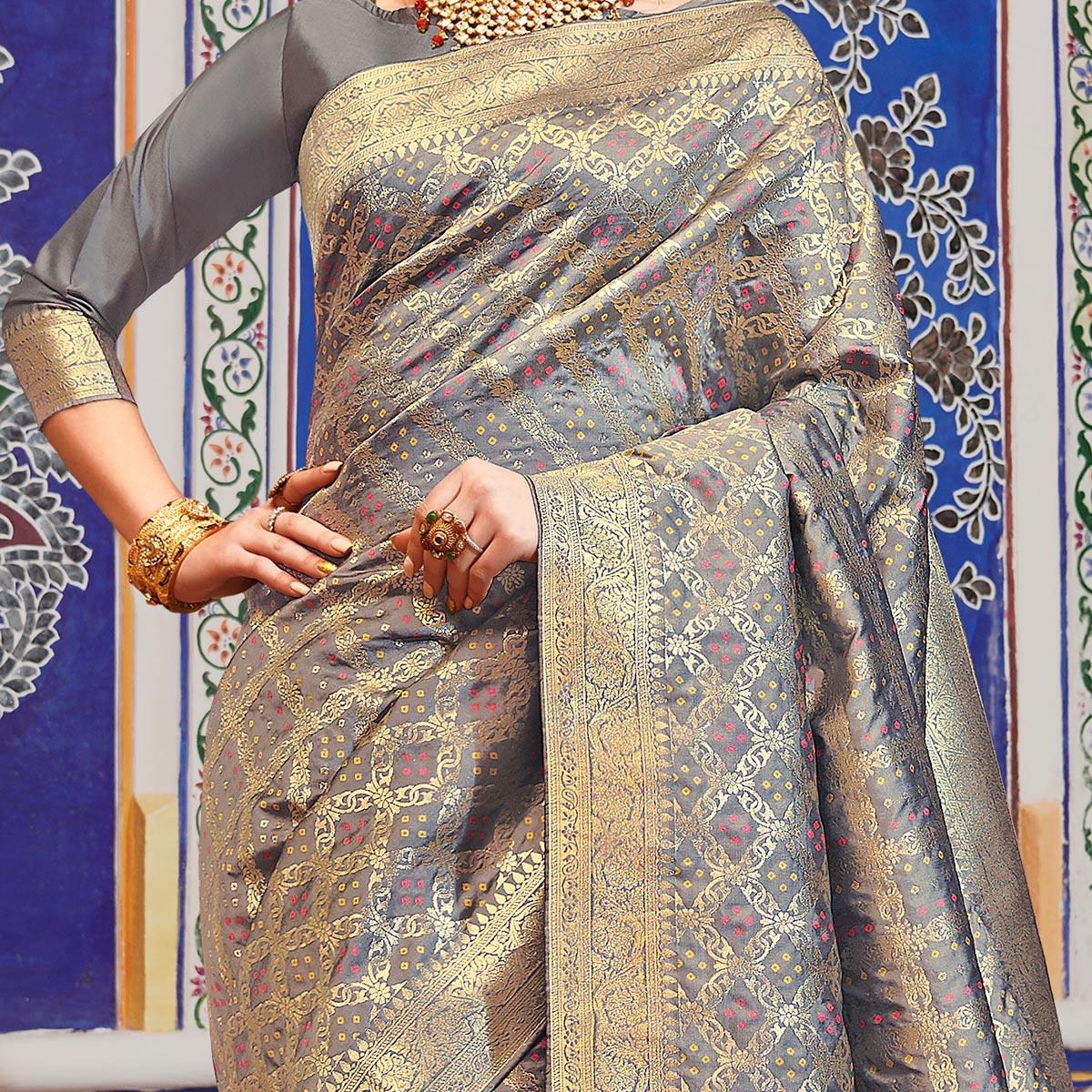 Arresting Grey Colored Festive Wear Woven Handloom Silk Saree - Peachmode