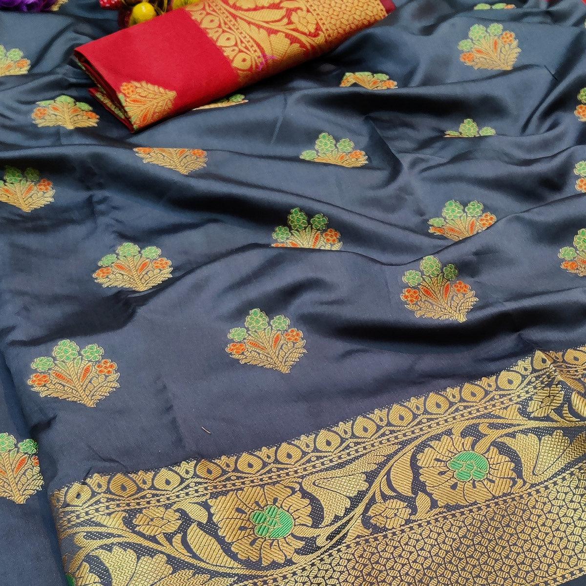 Arresting Grey Colored Festive Wear Woven Lichi Silk Saree - Peachmode