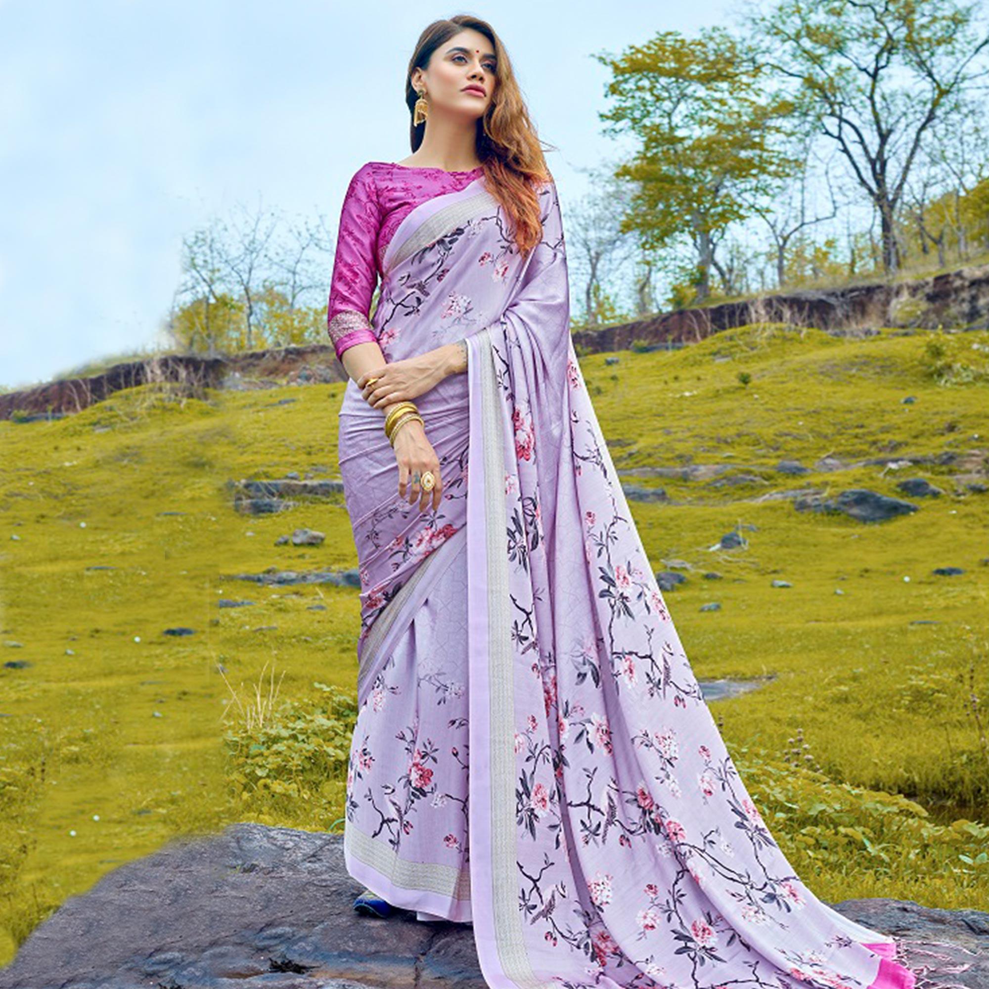Arresting Lavender Colored Casual Digital Printed Satin Crepe Saree - Peachmode