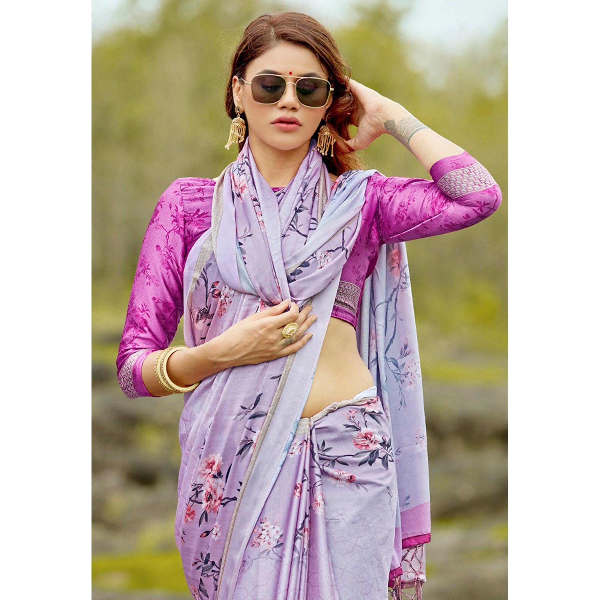 Arresting Lavender Colored Casual Digital Printed Satin Crepe Saree - Peachmode