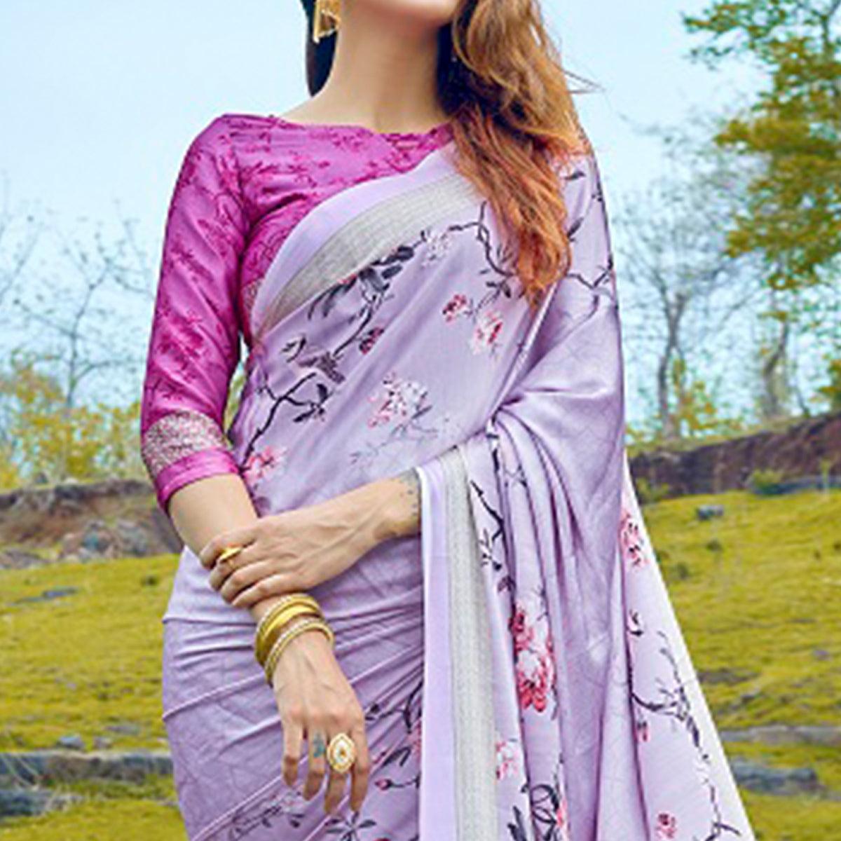 Arresting Lavender Colored Casual Digital Printed Satin Crepe Saree - Peachmode