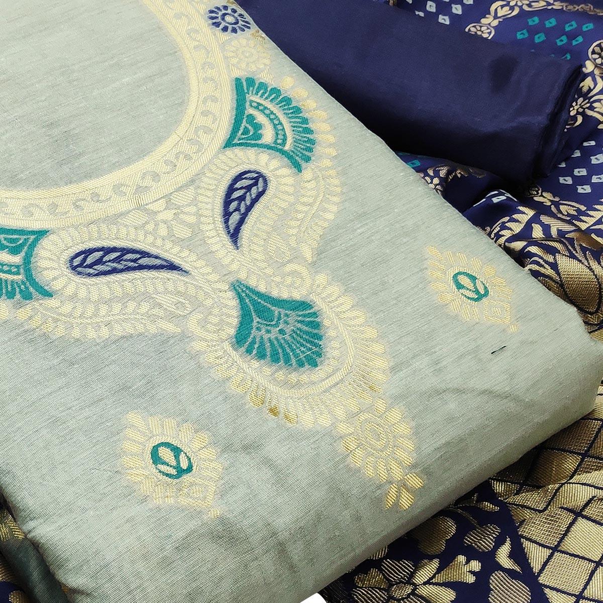 Arresting Light Blue Colored Festive Wear Woven Banarasi Silk Dress Material - Peachmode