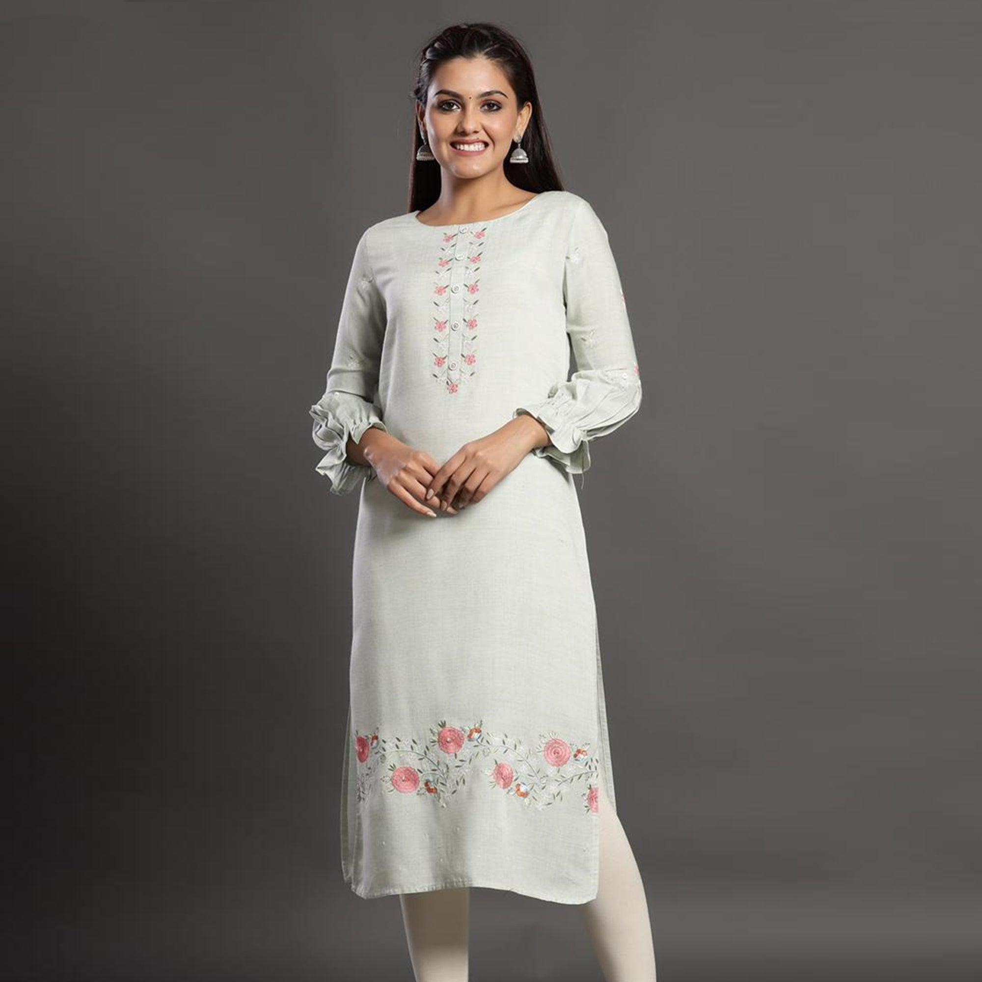 Arresting Light Green Colored Casual Wear Printed Cotton Silk Kurti - Peachmode