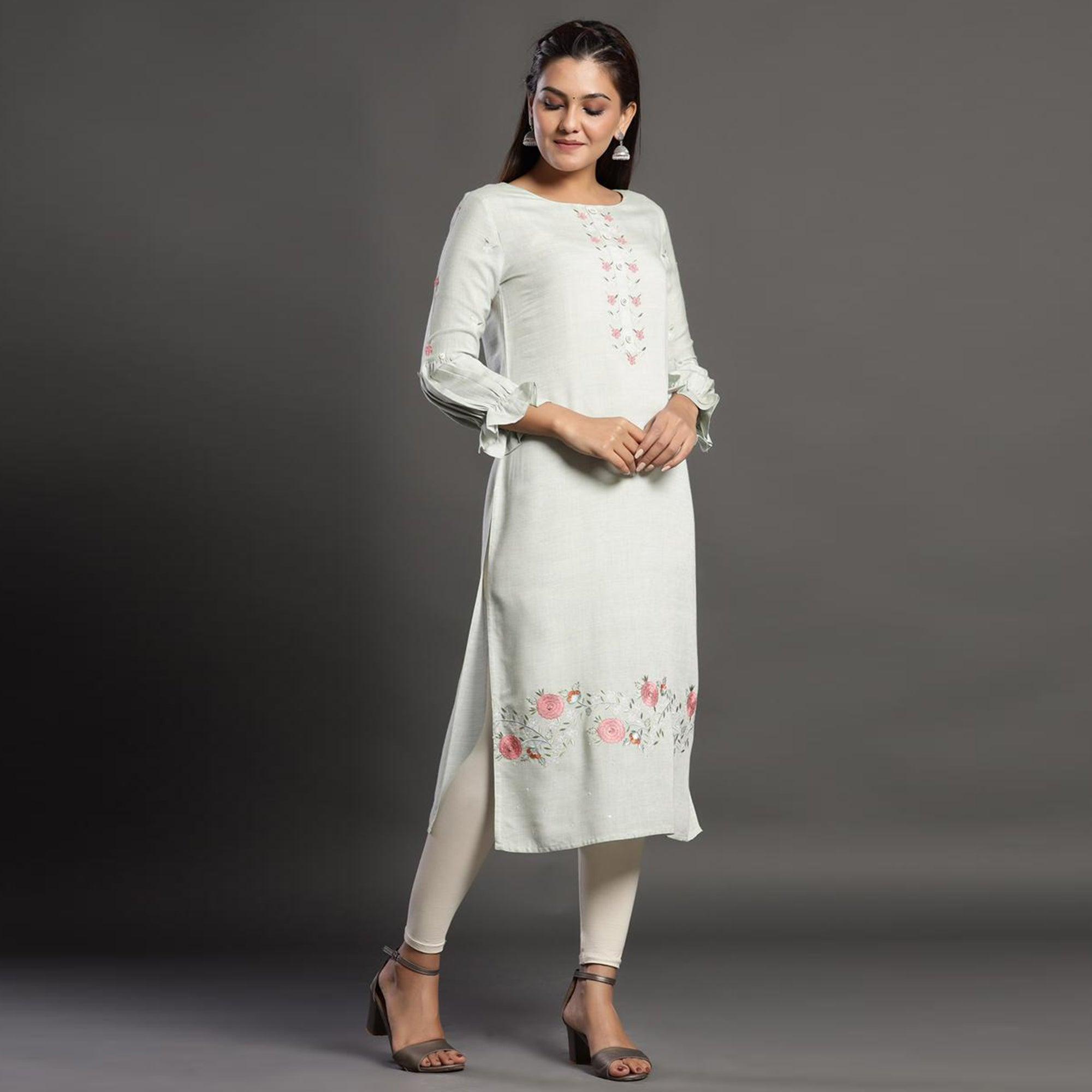Arresting Light Green Colored Casual Wear Printed Cotton Silk Kurti - Peachmode