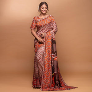 Arresting Light Peach Colored Festive Wear Laser Printed Silk Saree - Peachmode