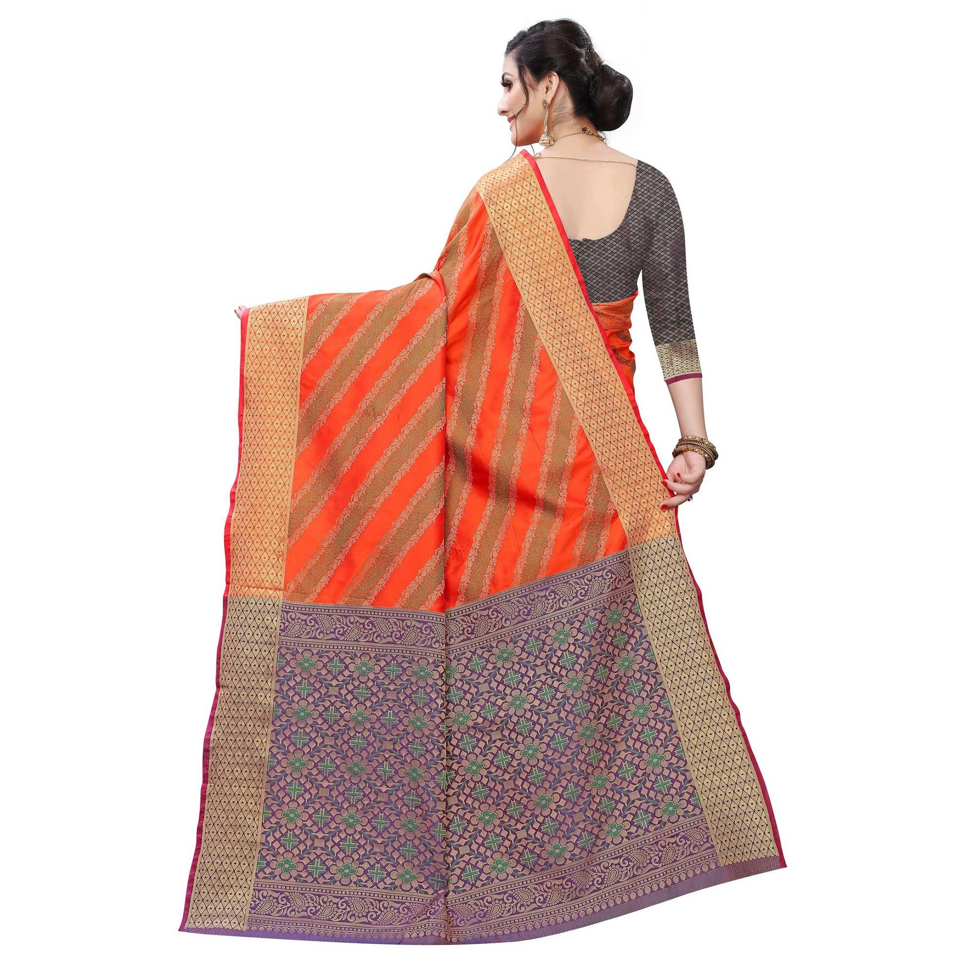 Arresting Light Red Colored Festive Wear Woven Kanjivaram Silk Saree - Peachmode