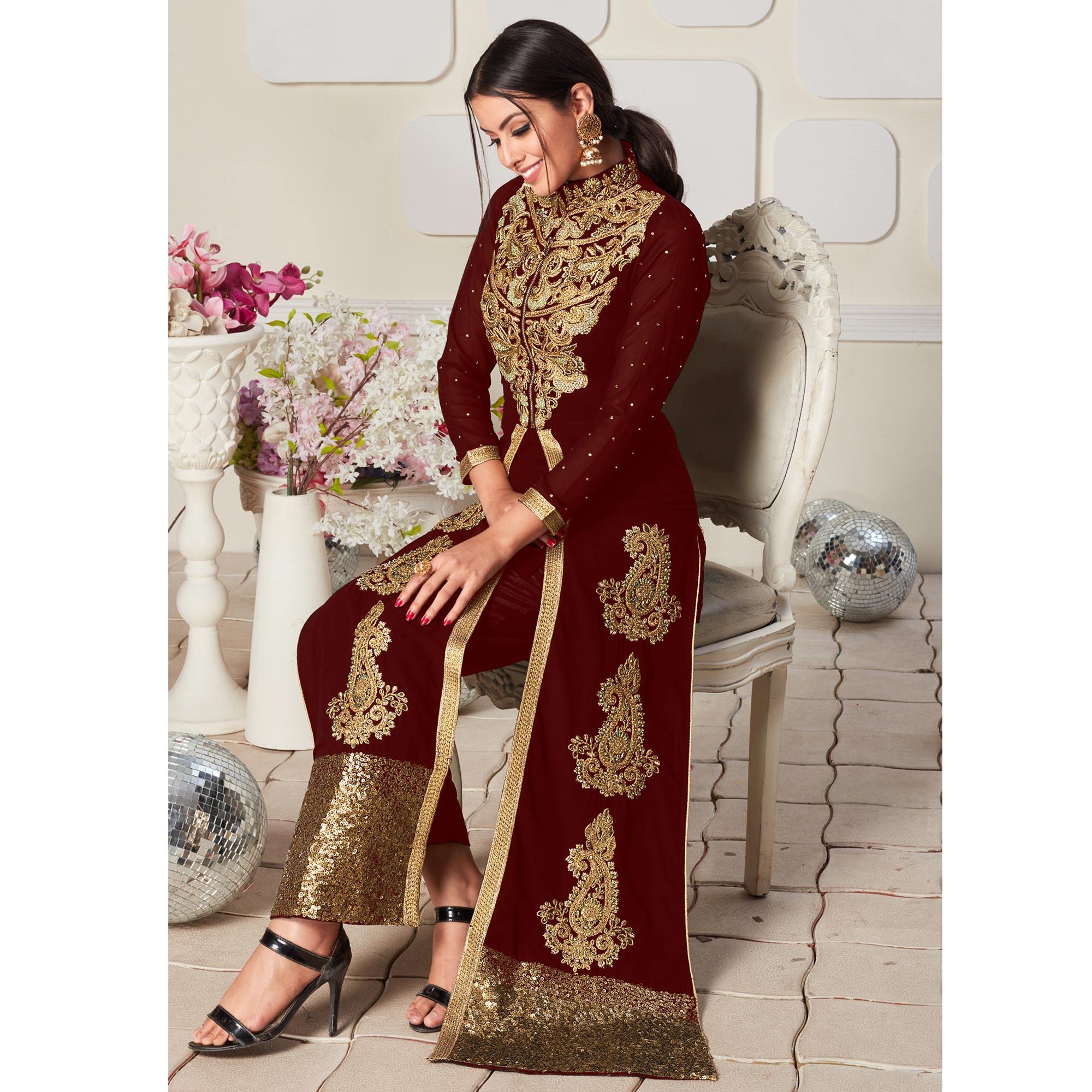 Arresting Maroon Colored Party Wear Embroidered Georgette Pant Style Suit - Peachmode