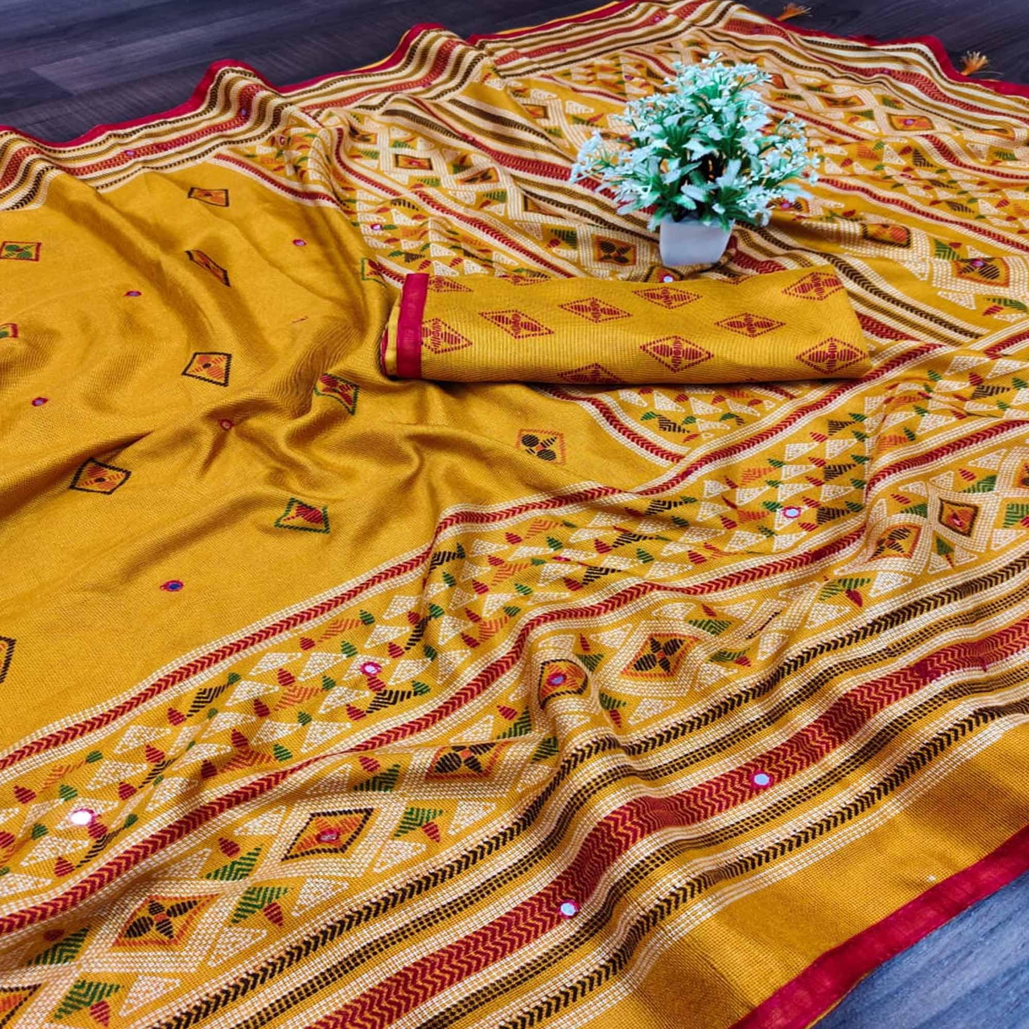 Arresting Mustard Coloured Casual Wear Printed Cotton Jute Saree - Peachmode