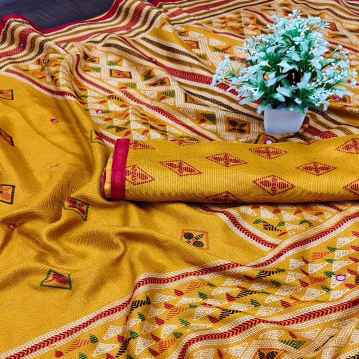 Arresting Mustard Coloured Casual Wear Printed Cotton Jute Saree - Peachmode